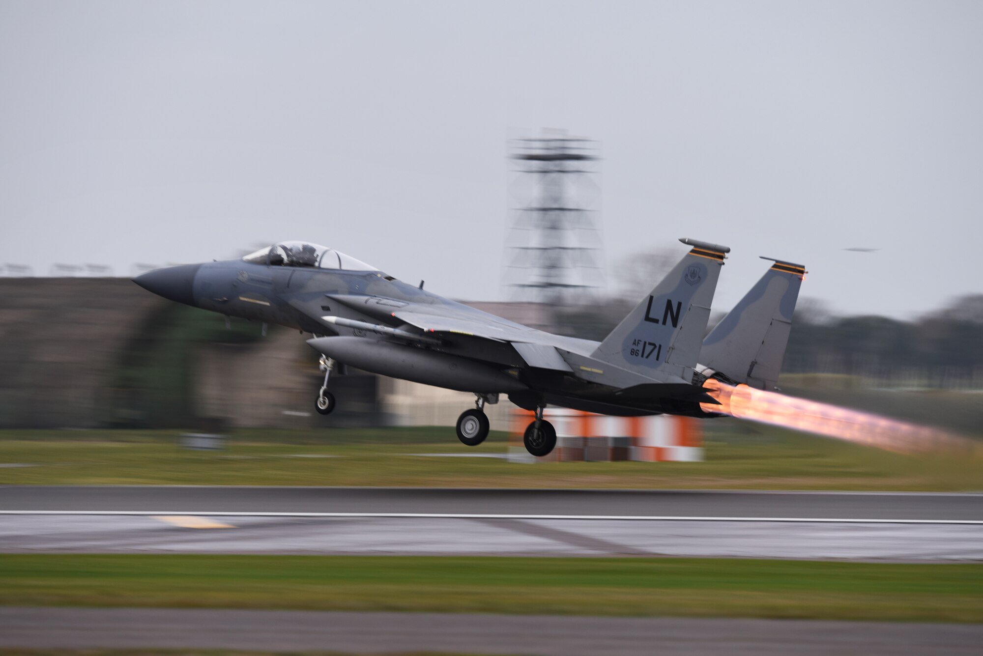 An F-15C Eagle assigned to the 493rd Fighter Squadron launches for a sortie at Royal Air Force Lakenheath, England, Dec. 18, 2018. The Eagle is an all-weather, extremely maneuverable, tactical fighter designed to permit the Air Force to gain and maintain air supremacy over the battlefield. (U.S. Air Force photo by Airman 1st Class Shanice Williams-Jones)