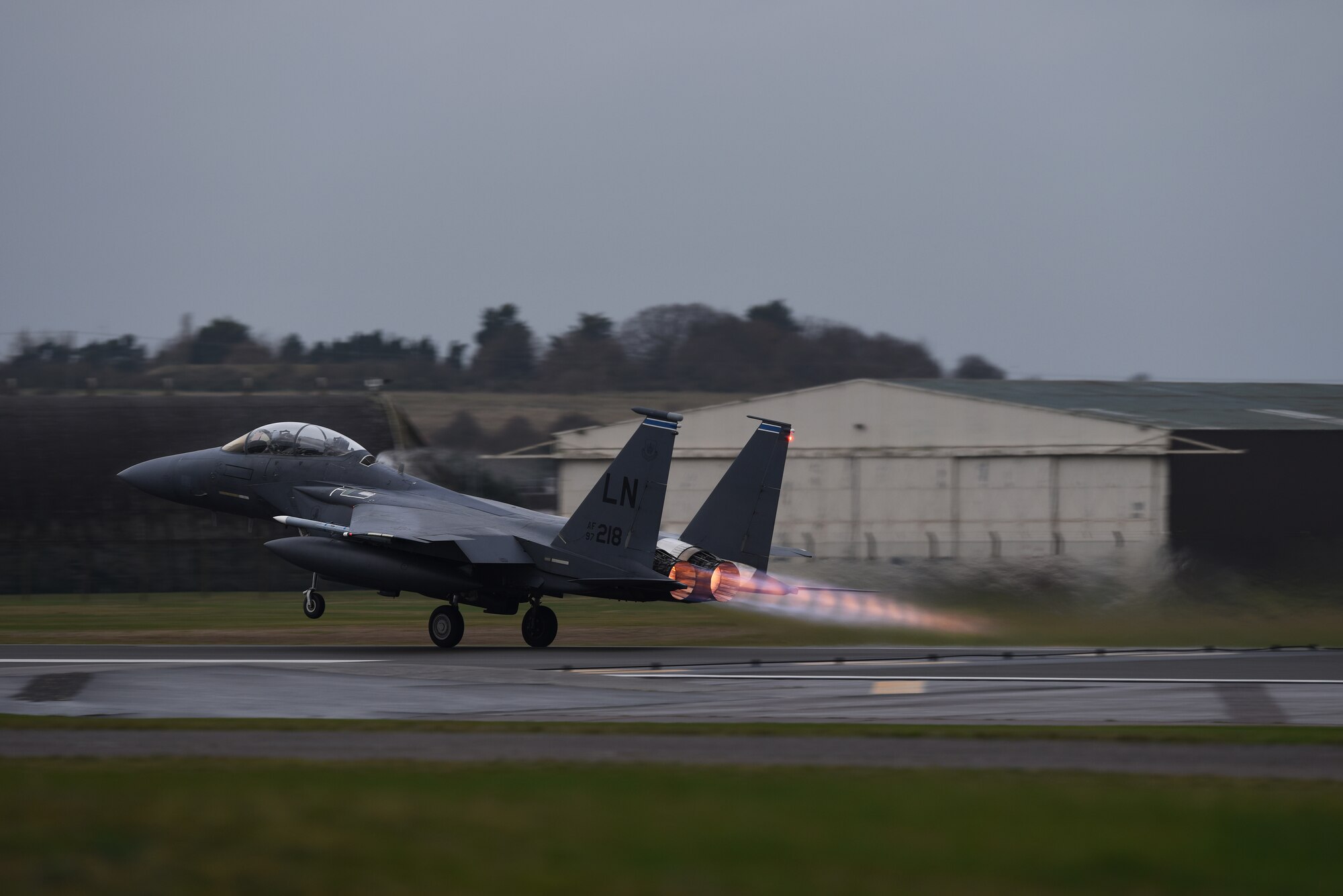 An F-15E Strike Eagle assigned to the 492nd Fighter Squadron takes off for a sortie at Royal Air Force Lakenheath, England, Dec. 18, 2018. The Strike Eagle is a dual-role fighter designed to perform air-to-air and air-to-ground missions. An array of avionics and electronics systems gives the F-15E the capability to fight at low altitude, day or night, and in all weather. (U.S. Air Force photo by Airman 1st Class Shanice Williams-Jones)