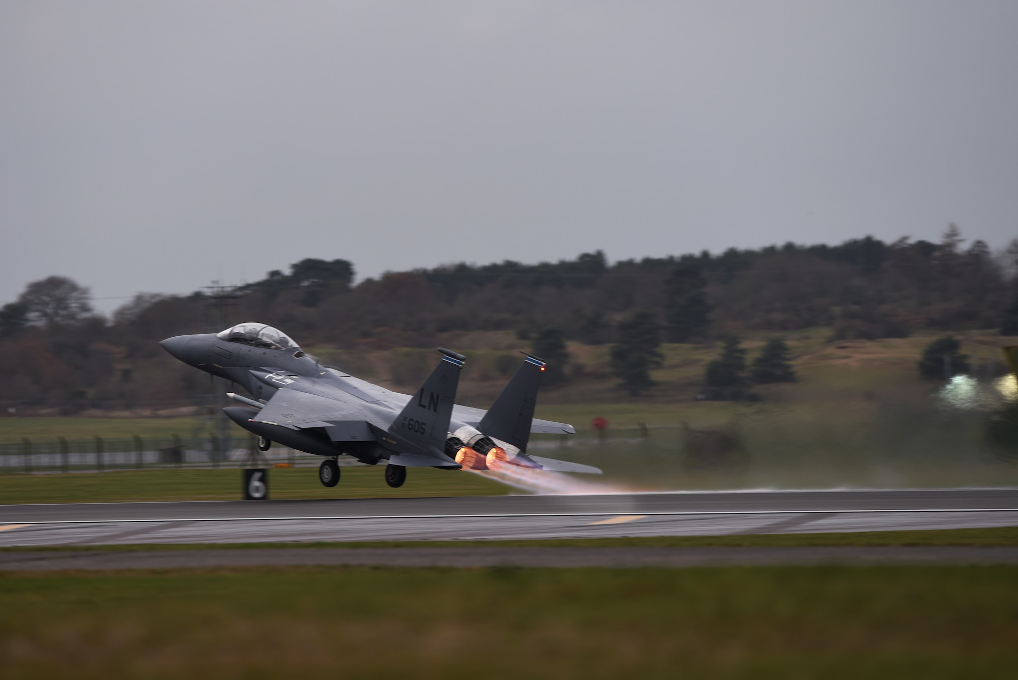 An F-15E Strike Eagle assigned to the 492nd Fighter Squadron takes off for a sortie at Royal Air Force Lakenheath, England, Dec. 18, 2018. The Strike Eagle is a dual-role fighter designed to perform air-to-air and air-to-ground missions. An array of avionics and electronics systems gives the F-15E the capability to fight at low altitude, day or night, and in all weather. (U.S. Air Force photo by Airman 1st Class Shanice Williams-Jones)