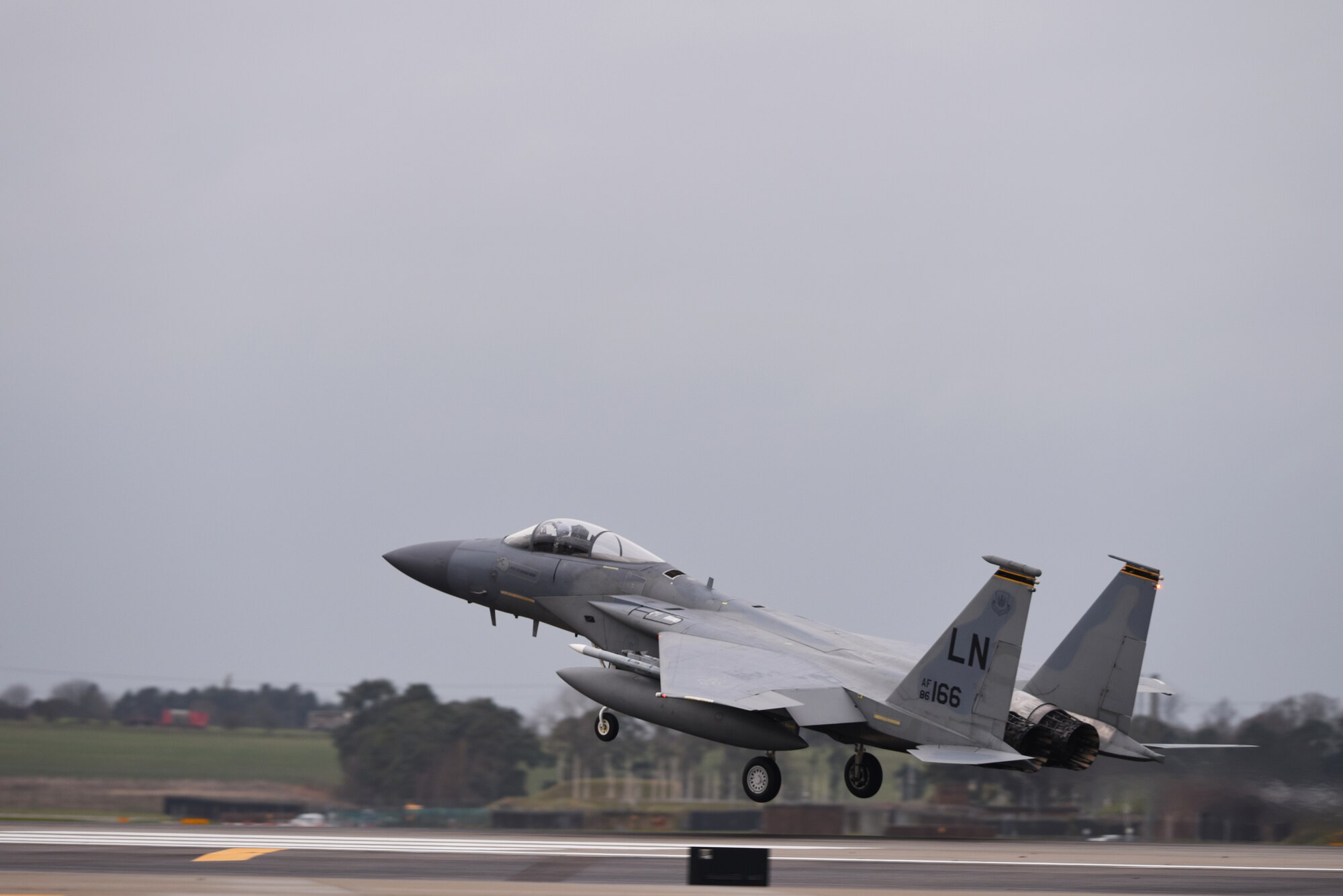 An F-15C Eagle assigned to the 493rd Fighter Squadron lands after a sortie at Royal Air Force Lakenheath, England, Dec. 18, 2018. The Eagle is an all-weather, extremely maneuverable, tactical fighter designed to permit the Air Force to gain and maintain air supremacy over the battlefield. (U.S. Air Force photo by Airman 1st Class Shanice Williams-Jones)