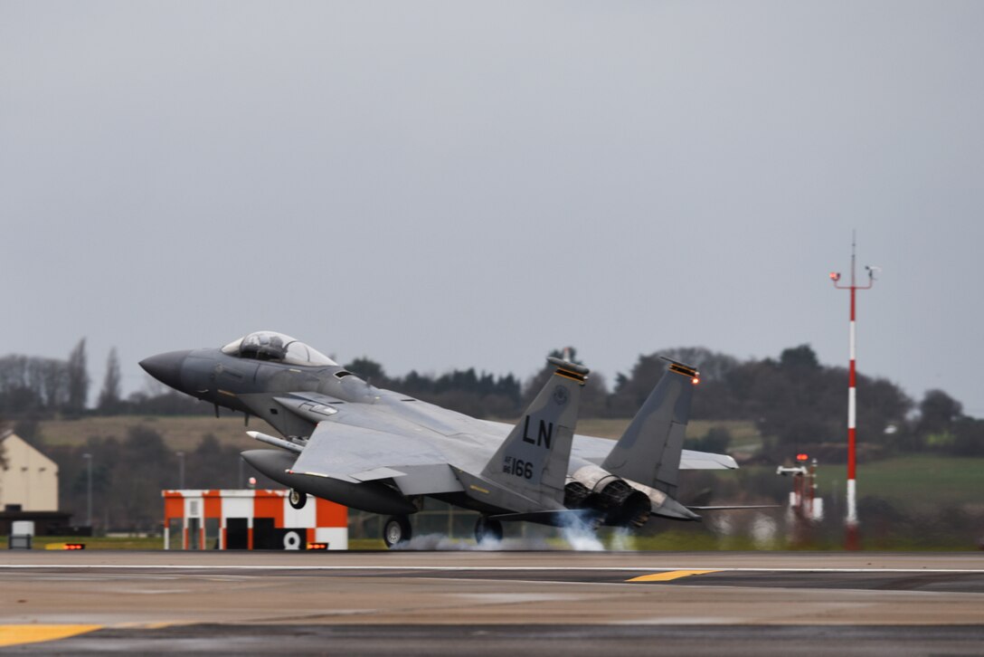 An F-15C Eagle assigned to the 493rd Fighter Squadron lands after a sortie at Royal Air Force Lakenheath, England, Dec. 18, 2018. The Eagle is an all-weather, extremely maneuverable, tactical fighter designed to permit the Air Force to gain and maintain air supremacy over the battlefield. (U.S. Air Force photo by Airman 1st Class Shanice Williams-Jones)