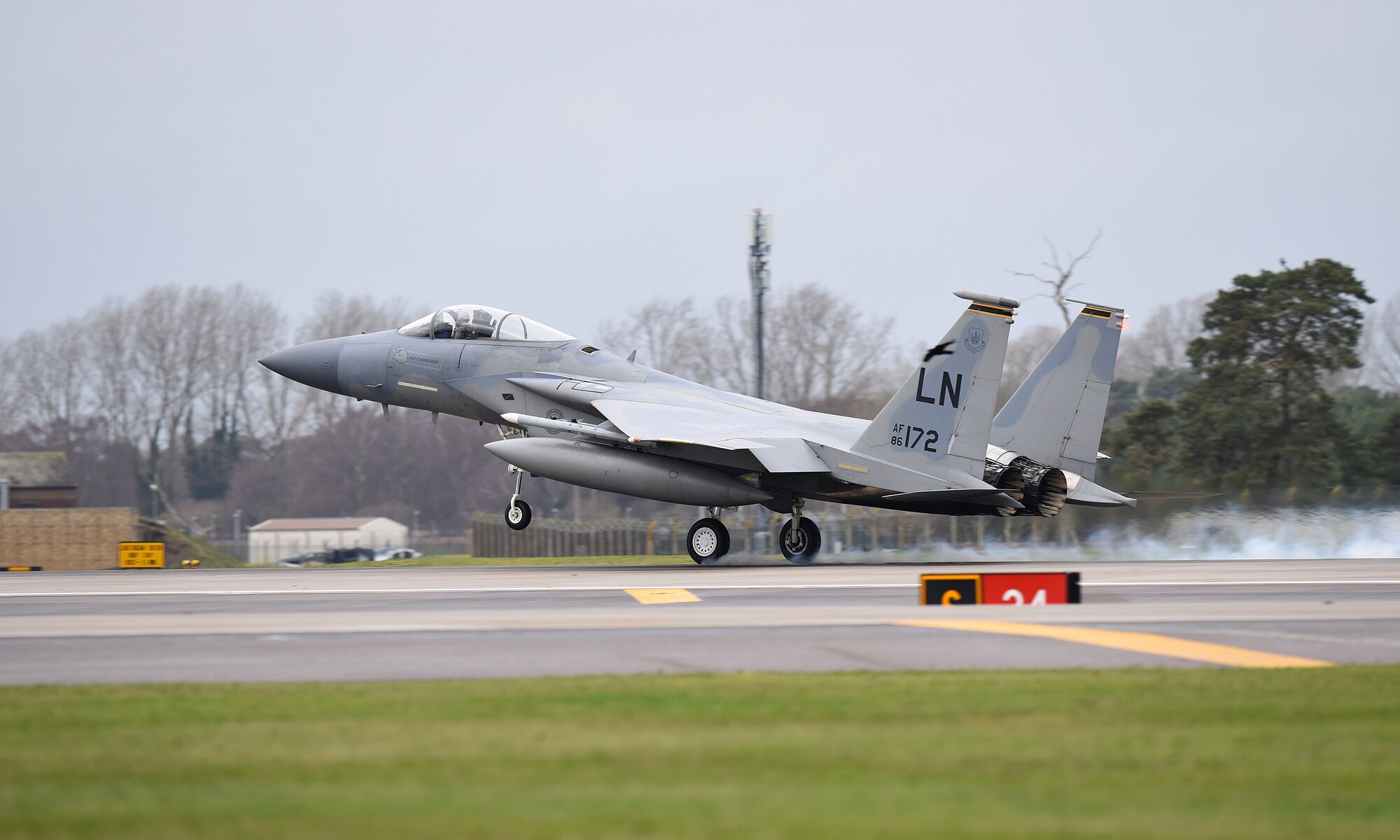 An F-15C Eagle assigned to the 493rd Fighter Squadron lands after a sortie at Royal Air Force Lakenheath, England, Dec. 18, 2018. The Eagle is an all-weather, extremely maneuverable, tactical fighter designed to permit the Air Force to gain and maintain air supremacy over the battlefield. (U.S. Air Force photo by Madeline Herzog)