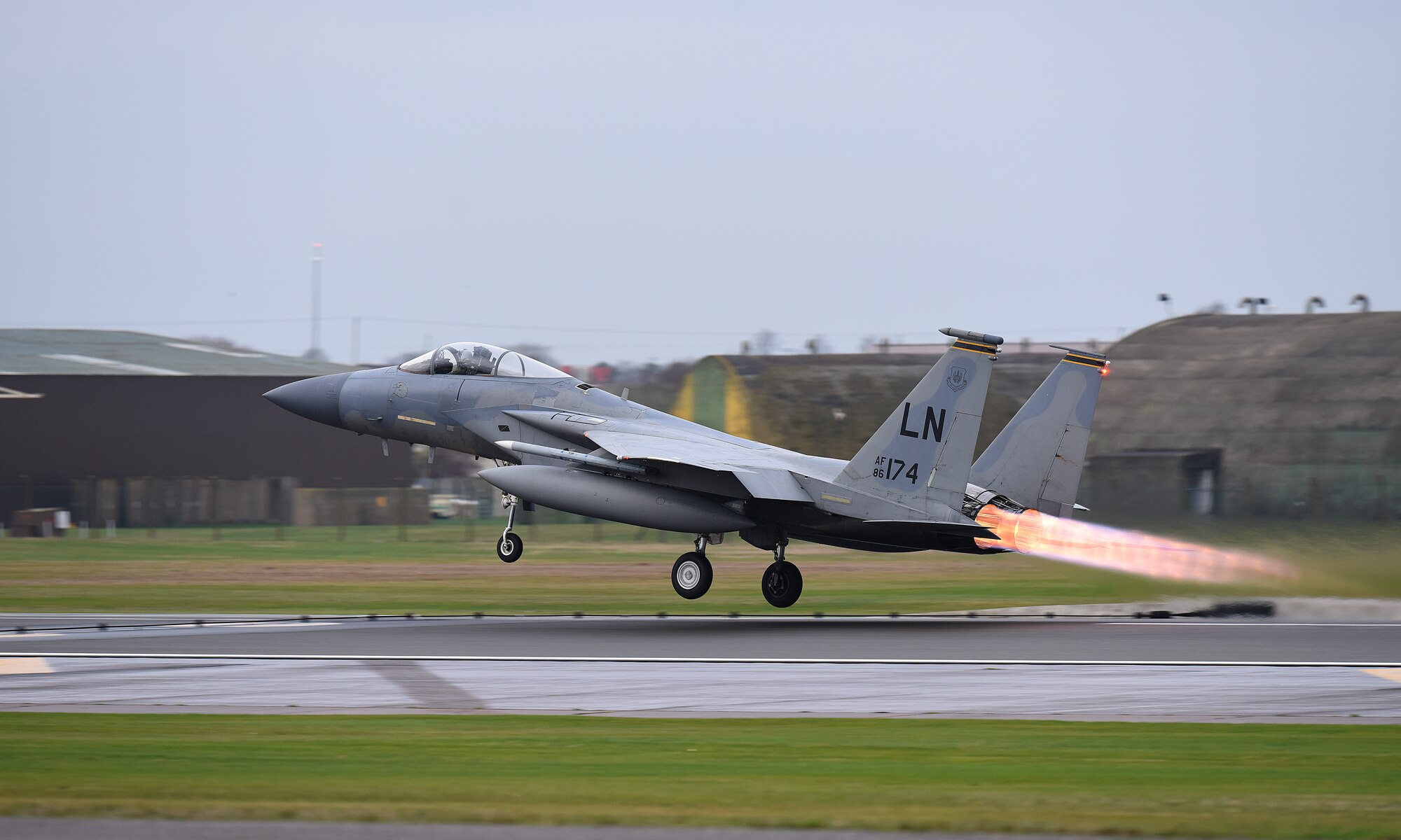 An F-15C Eagle assigned to the 493rd Fighter Squadron launches for a sortie at Royal Air Force Lakenheath, England, Dec. 18, 2018. The Eagle is an all-weather, extremely maneuverable, tactical fighter designed to permit the Air Force to gain and maintain air supremacy over the battlefield. (U.S. Air Force photo by Madeline Herzog)