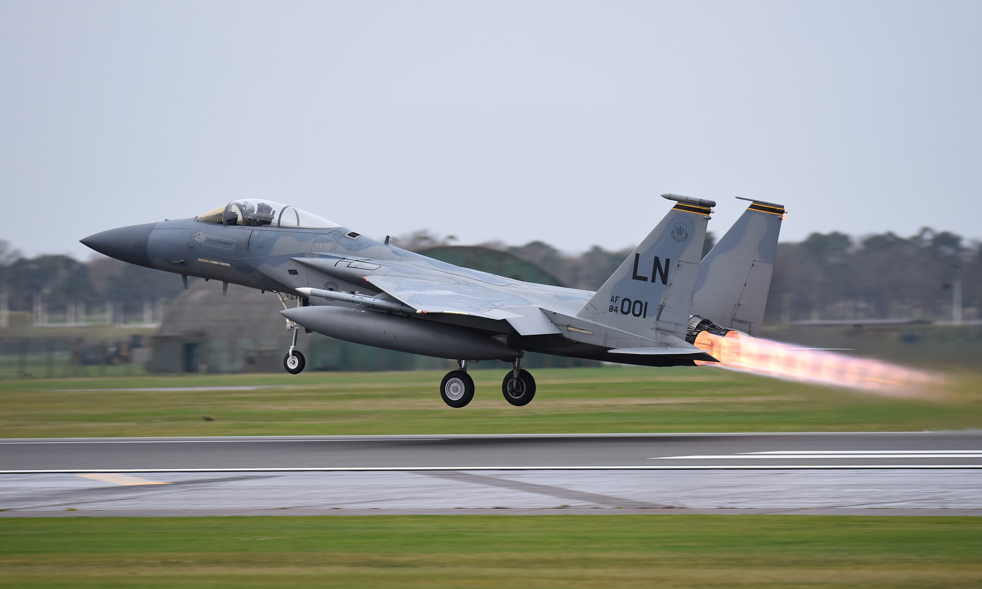 An F-15C Eagle assigned to the 493rd Fighter Squadron launches for a sortie at Royal Air Force Lakenheath, England, Dec. 18, 2018. The Eagle is an all-weather, extremely maneuverable, tactical fighter designed to permit the Air Force to gain and maintain air supremacy over the battlefield. (U.S. Air Force photo by Madeline Herzog)