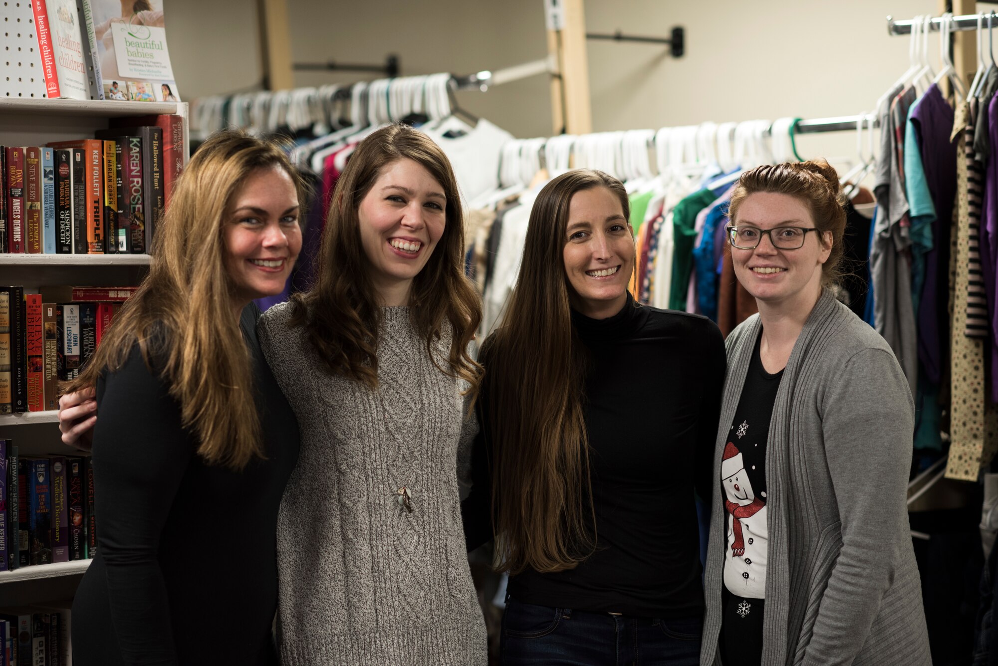 Wendy Fulkerson, the Airman’s Attic manager, left, gathers volunteers for a photo at Royal Air Force Lakenheath, England, Dec. 18, 2018. The Airman’s Attic is open Tuesdays and Thursday from 10 a.m. to 1 p.m., 6 p.m. to 8 p.m. and Wednesday 10 a.m. to 1 p.m. (U.S. Air Force photo by Senior Airman Malcolm Mayfield)