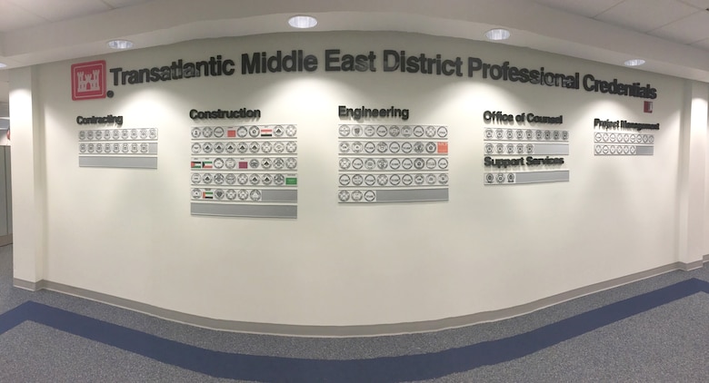 "The Transatlantic Middle East District maintains a display that lists the professional licenses/certifications earned by employees in their respective fields and symbolize the fact that when you work with the U.S. Army Corps of Engineers, you are getting the same licensed and accredited professionals you would  be working with in a private enterprise organization."