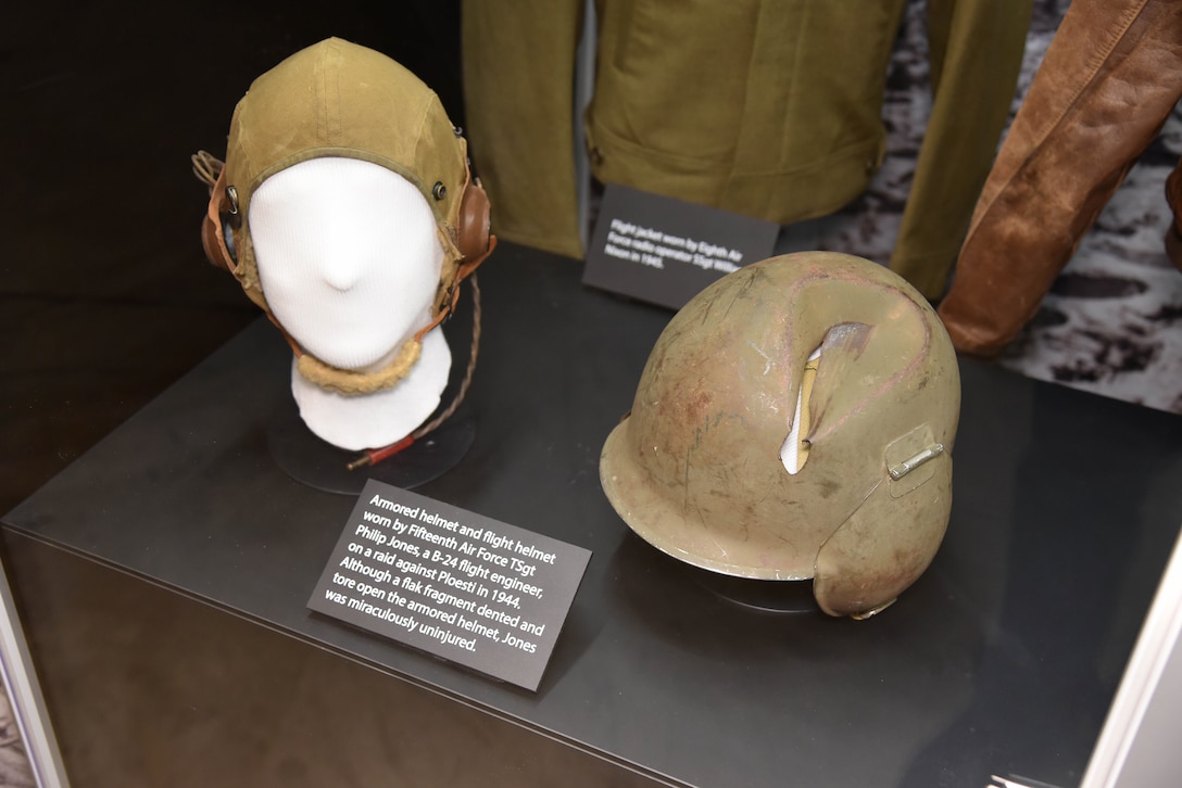 WWII Armored Helmet and Flying Helmet on display at the National Museum of the U.S. Air Force. (U.S. Air Force photo)