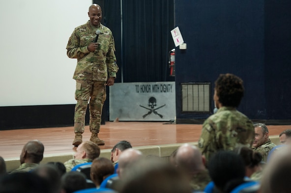 Chief Master Sgt. of the Air Force Kaleth O. Wright answers an Airman’s question during a base-wide “all call” at Al Udeid Air Base, Qatar, Dec. 19, 2018. Along with offering a “heartfelt thank you,” Wright discussed recent changes to the enlisted assignments system, notably base-of-preference options for Airmen as well as the advertisement of Continental United States assignments for Airmen who have 48-months of time-on-station service time. (U.S. Air Force photo by Tech. Sgt. Christopher Hubenthal)