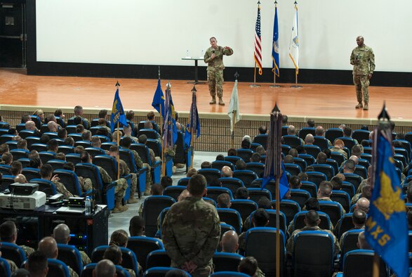 U.S. Air Force Chief of Staff Gen. David L. Goldfein and Chief Master Sgt. of the Air Force Kaleth O. Wright answer questions from Airmen during a base-wide “all call” Dec. 19, 2018, at Al Udeid Air Base, Qatar. While answering questions, Goldfein and Wright discussed recent and upcoming changes to empower Airmen to be more resilient and lethal. (U.S. Air Force photo by Tech. Sgt. Christopher Hubenthal)
