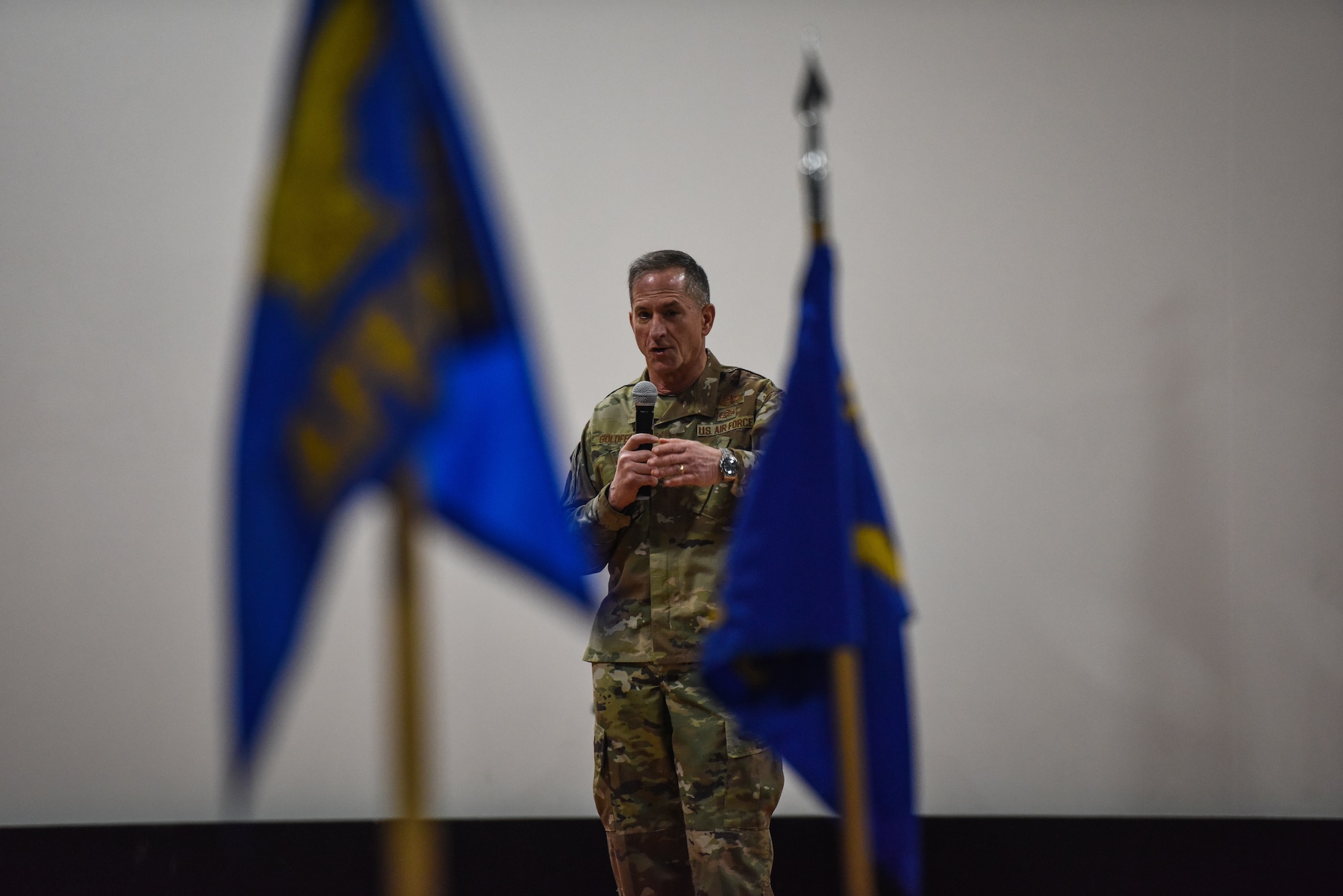 Air Force Chief of Staff Gen. David L. Goldfein answers questions from Airmen during an “all call” at Al Udeid Air Base, Qatar, Dec. 19, 2018. During the visit, Goldfein and Chief Master Sgt. of the Air Force Kaleth O. Wright thanked deployed Airmen for their contributions to the fight, especially during the holiday season. (U.S. Air Force photo by Senior Airman Travis Beihl)