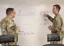 Soldiers from 1st Theater Sustainment Command (TSC), United States Army Central (ARCENT), and Central Army Analysis discuss the role of the 1st TSC for the upcoming Logistic Justification Analytical Model focused wargames, Dec. 11. The 1st TSC will participate for the first time, supporting ARCENT and it's mission for the Middle East. (U.S. Army photo by Mr. Brent Thacker)