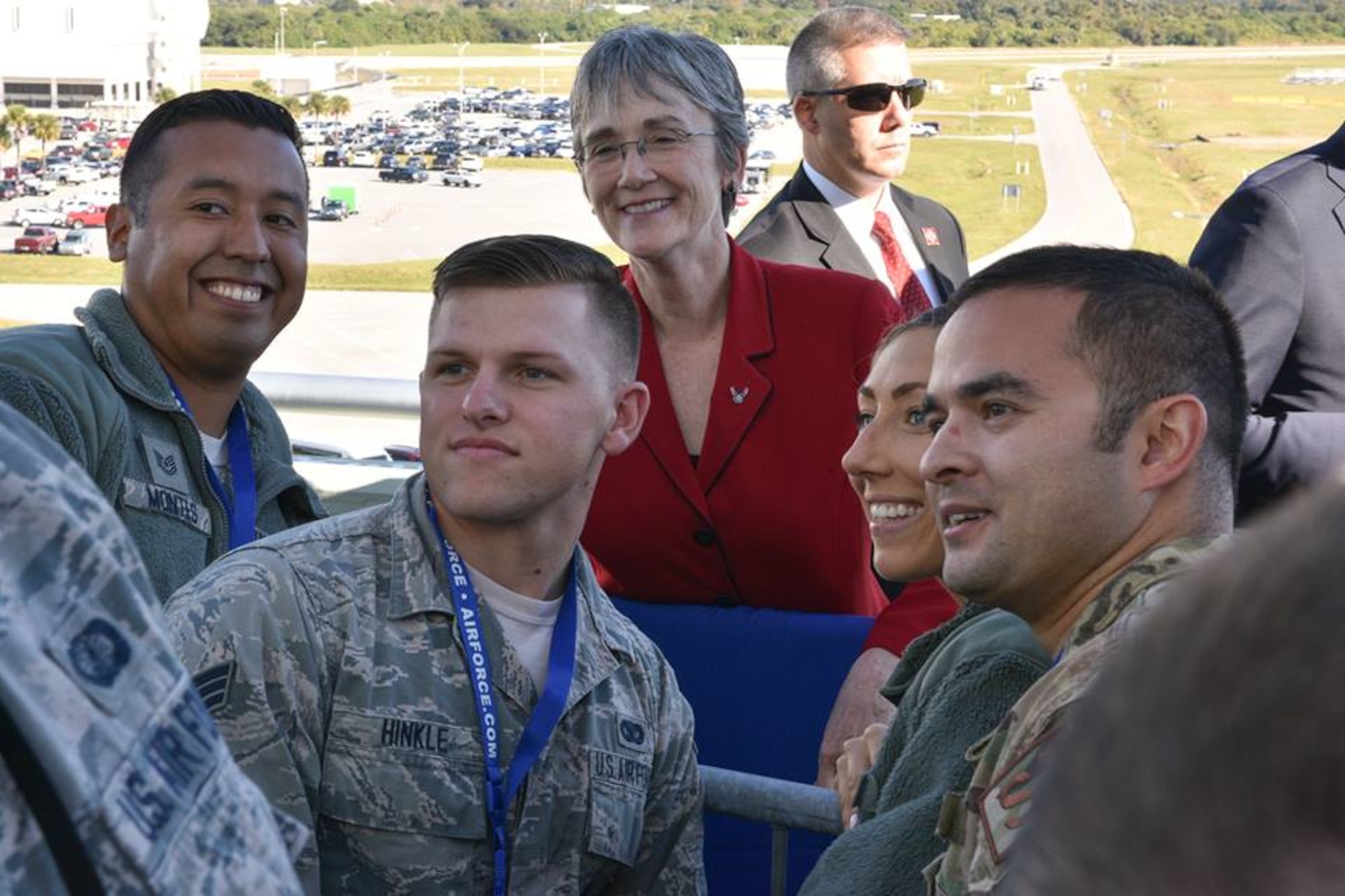 Secretary of the Air Force Heather Wilson takes a photo with 45th Space Wing Airmen at Cape Canaveral Air Force Station, Fla., Dec. 18, 2018. Wilson toured multiple facilities of Cape Canaveral and met with several 45th Space Wing Airmen. (U.S. Air Force photo by Airman 1st Class Dalton Williams)
