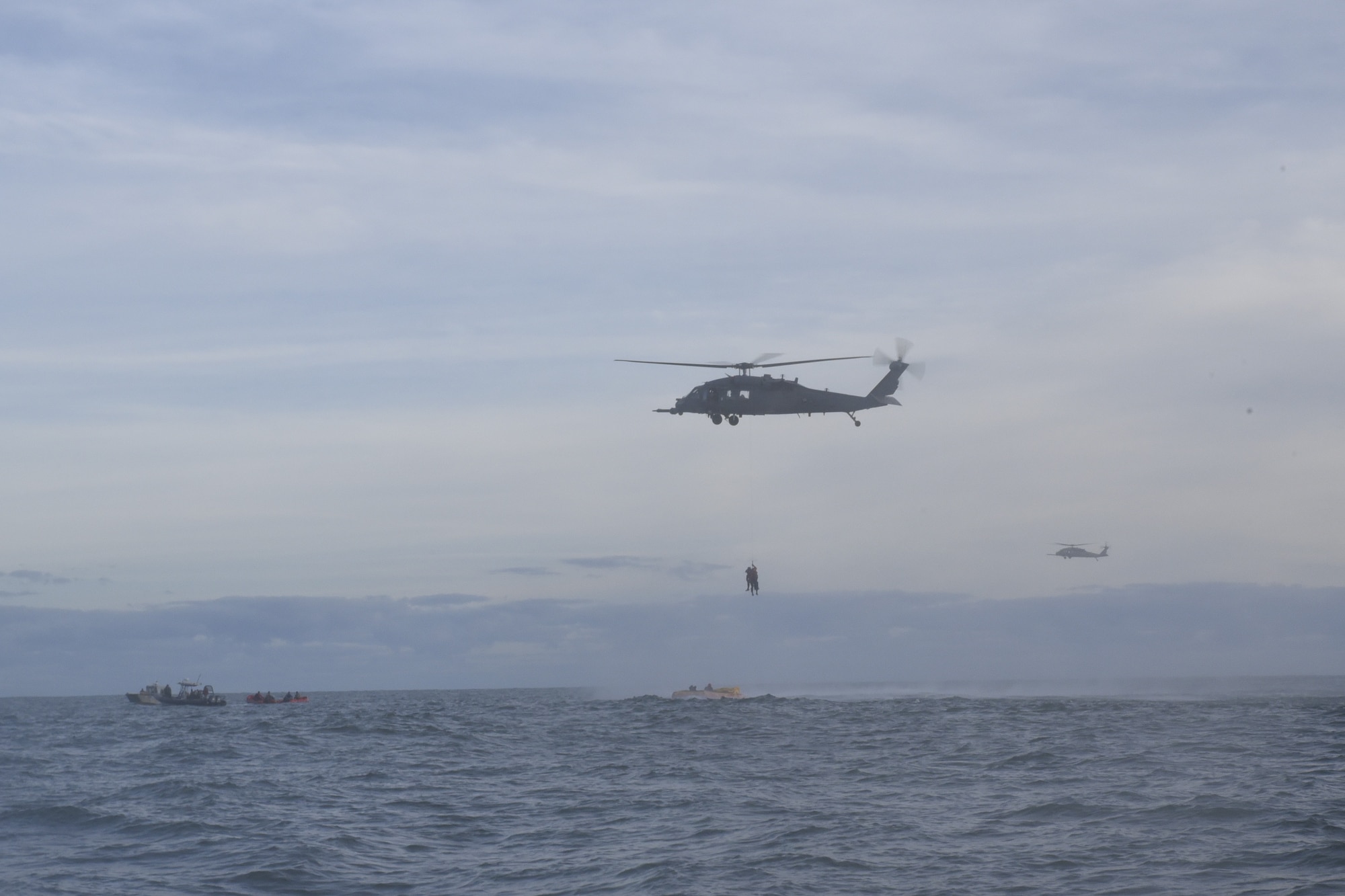 Personnel from the 45th Operations Group, Detachment 3, simulate astronaut rescue and recovery operations, Dec 12, 2018 off the coast of Cape Canaveral Air Station, Fla. As the U.S. prepares to return to human spaceflight, DET 3 in coordination with NASA and commercial partners, will play a direct role in rescue and recovery of astronauts because they are the only Department of Defense unit responsible for all aspects of human spaceflight recovery including planning of rescue tactics, real-world execution, and overall command and control of the human spaceflight mission. (U.S. Air Force photo by Tech. Sgt. Andrew Satran)