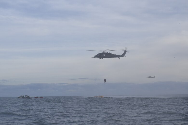Personnel from the 45th Operations Group, Detachment 3, simulate astronaut rescue and recovery operations, Dec 12, 2018 off the coast of Cape Canaveral Air Station, Fla. As the U.S. prepares to return to human spaceflight, DET 3 in coordination with NASA and commercial partners, will play a direct role in rescue and recovery of astronauts because they are the only Department of Defense unit responsible for all aspects of human spaceflight recovery including planning of rescue tactics, real-world execution, and overall command and control of the human spaceflight mission. (U.S. Air Force photo by Tech. Sgt. Andrew Satran)