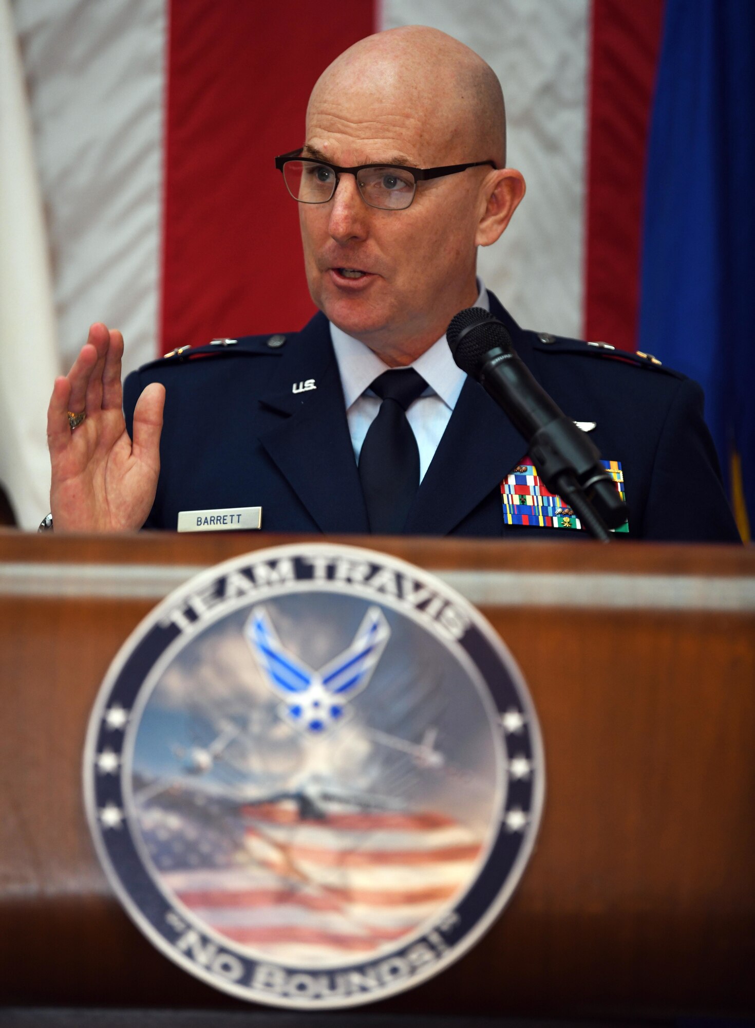 U.S. Air Force Maj. Gen. Sam Barrett, 18th Air Force commander, provides remarks during groundbreaking a ceremony at Travis Air Force Base, California, Dec. 14, 2018. The groundbreaking is for the new construction of a three-bay hangar scheduled to be the first military construction project in preparation for the KC-46A Pegasus arrival to Travis AFB. The 174,300 square foot facility will encompass three separate bays and is designed for optimal aircraft maintenance capability. (U.S. Air Force photo by Louis Briscese)