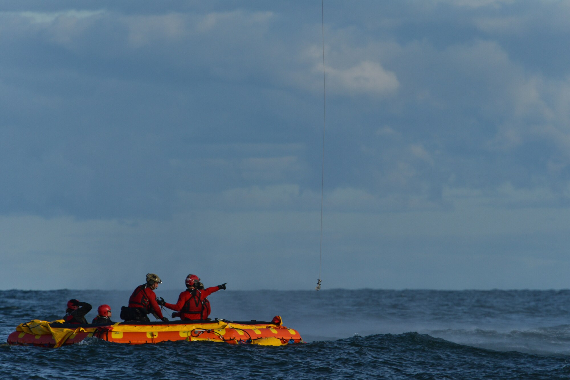 Personnel from the 45th Operations Group, Detachment 3, simulate astronaut rescue and recovery operations, Dec 12, 2018 off the coast of Cape Canaveral Air Station, Fla. As the U.S. prepares to return to human spaceflight, DET 3 in coordination with NASA and commercial partners, will play a direct role in rescue and recovery of astronauts because they are the only Department of Defense unit responsible for all aspects of human spaceflight recovery including planning of rescue tactics, real-world execution, and overall command and control of the human spaceflight mission. (U.S. Air Force photo by Airman 1st Class Dalton Williams)