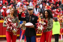 Cpl Rey Pagan, Administrative Clerk, Recruiting Station Kansas City, is recognized for his service during the Kansas City Chiefs vs Arizona Cardinals Game on November 11, 2018.