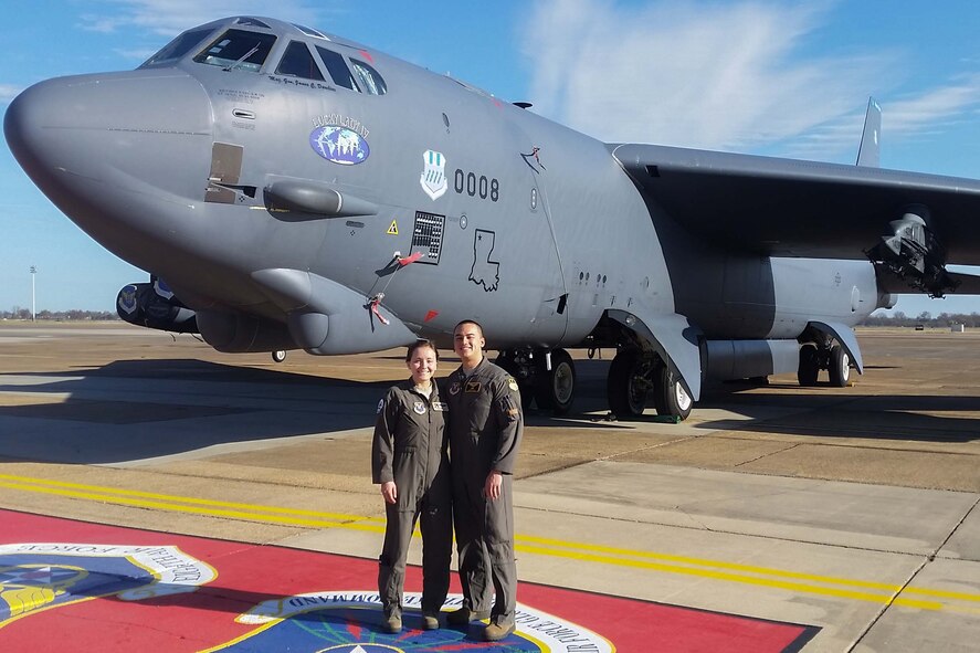 of a B-52 Stratofortress at Barksdale Air Force Base, Louisiana, December 1, 2018.  The couple shares a unique connection to Jacob Gill’s grandfather, Albert Gill, who served as a navigator aboard the B-24 Liberator with the 307th Bomb Group during World War II.  Now, Hansena Gill serves as a navigator on the B-52 and Jacob Gill is assigned to the 307th Bomb Wing, the successor to the 307th Bomb Group.  (courtesy photo)