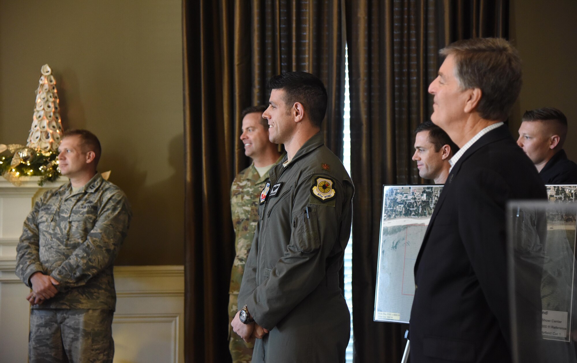 Keesler and Biloxi leadership, along with two U.S. Air Force Thunderbird pilots, attend a press conference to formally announce Thunder Over the Sound: The Keesler and Biloxi Air and Space Show at the Biloxi Visitors Center, in Biloxi, Mississippi, Dec. 18, 2018. The press conference reviewed and confirmed information and acts for the air show and allowed attendees to meet with and ask questions of all speakers. (U.S. Air Force photo by Kemberly Groue)