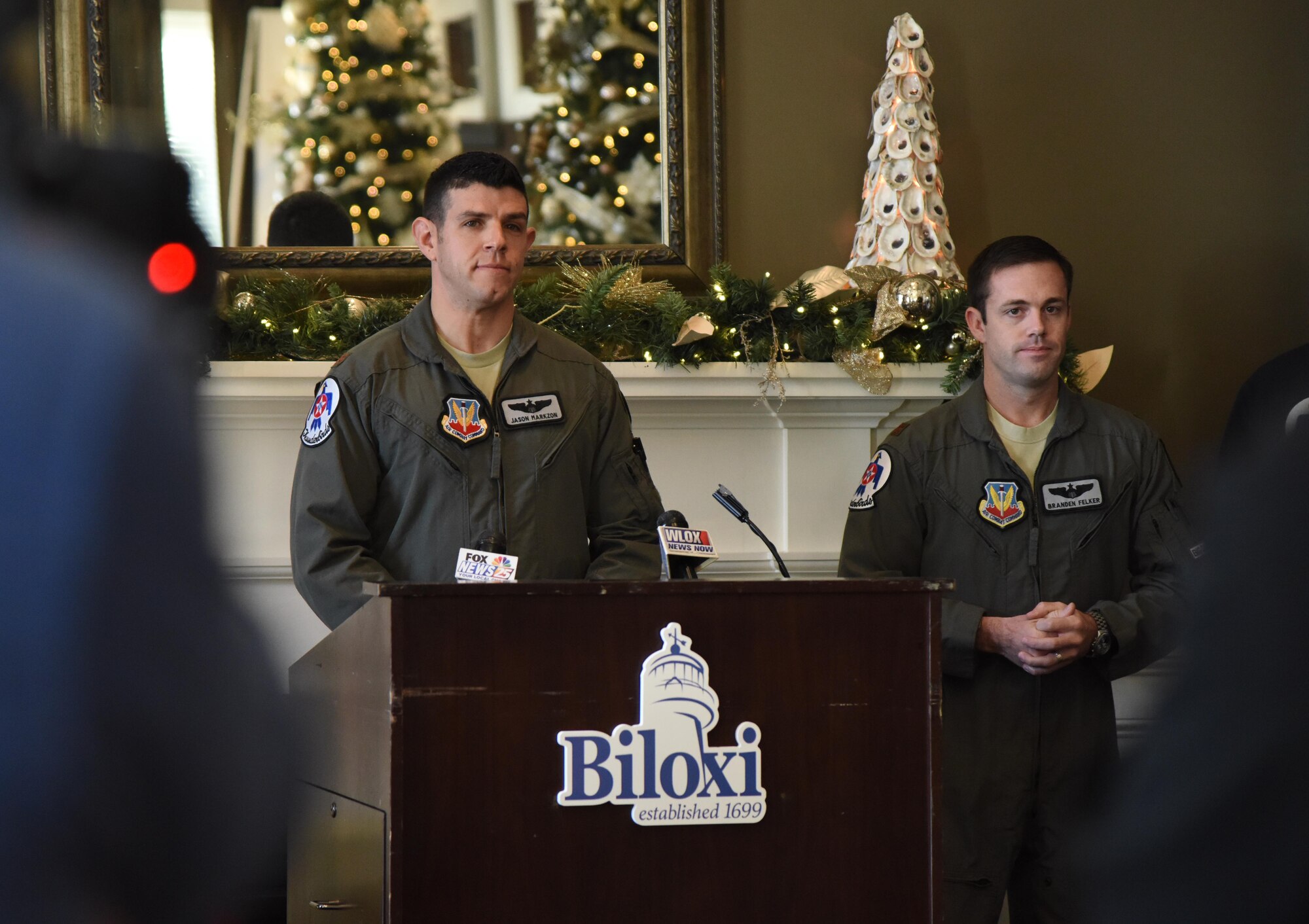 U.S. Air Force Maj. Jason "Flack" Markzon, inbound Thunderbird pilot #8, delivers remarks during a press conference formally announcing Thunder Over the Sound: The Keesler and Biloxi Air and Space Show at the Biloxi Visitors Center, in Biloxi, Mississippi, Dec. 18, 2018. Markzon was joined by Keesler and Biloxi leadership at the press conference which reviewed and confirmed information and acts for the air show and allowed attendees to meet with and ask questions of all speakers. (U.S. Air Force photo by Kemberly Groue)