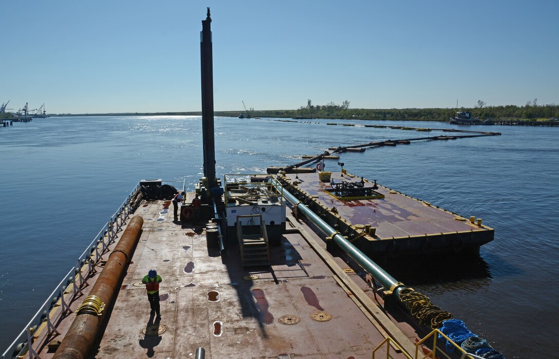 Dredged material from the Cherokee is pumped over to the Wilmington District’s Eagle Island Confined Disposal Facility (CDF).