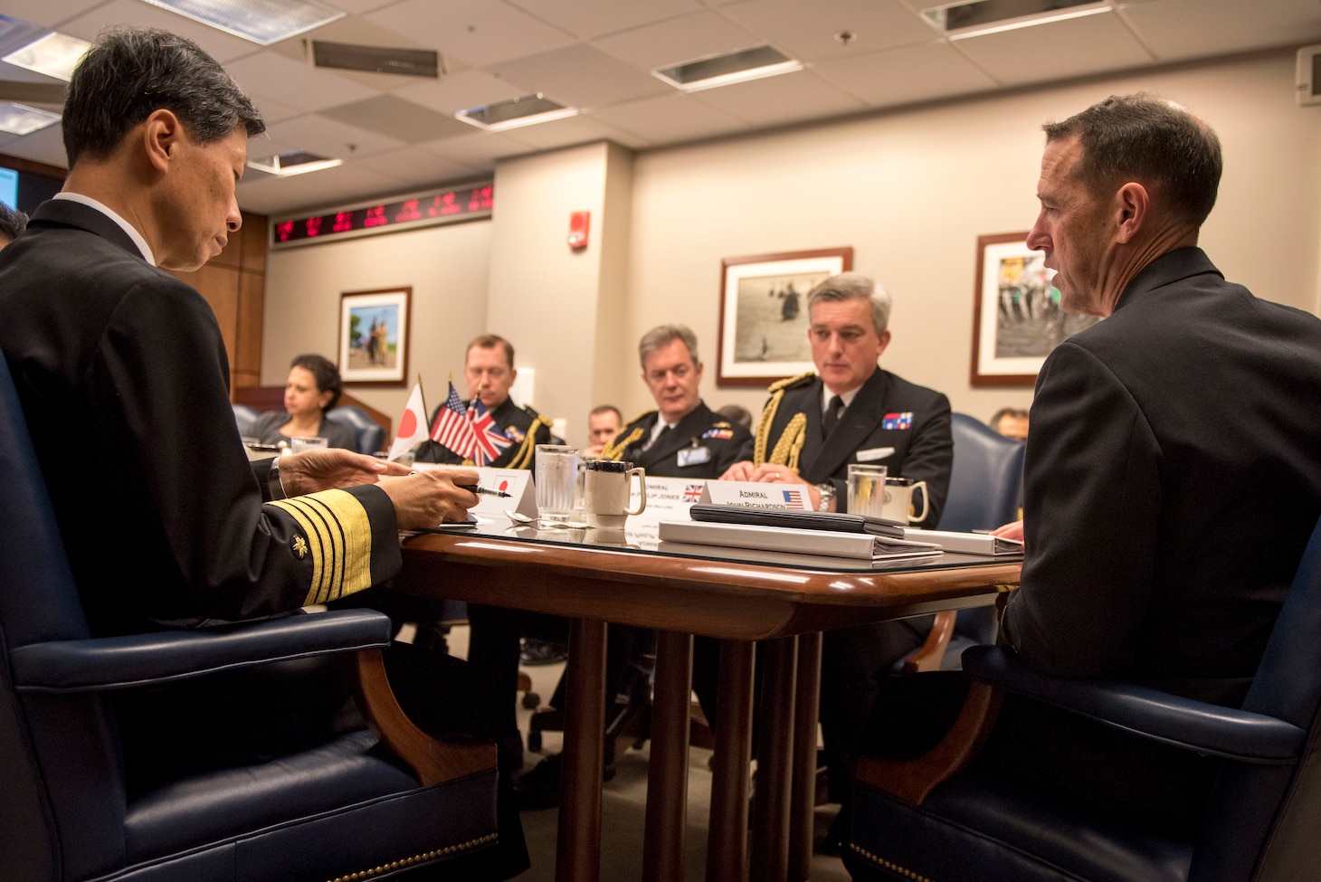 Chief of Naval Operations (CNO) Adm. John Richardson; First Sea Lord, United Kingdom Royal Navy, Adm. Phillip Jones; and Chief of Staff of the Japan Maritime Self-Defence Force, Adm. Tomohisa Takei, meet in the Pentagon for a trilateral maritime discussion, Oct. 20. The three heads of Navy signed an agreement affirming their commitment to collaboration and cooperation.