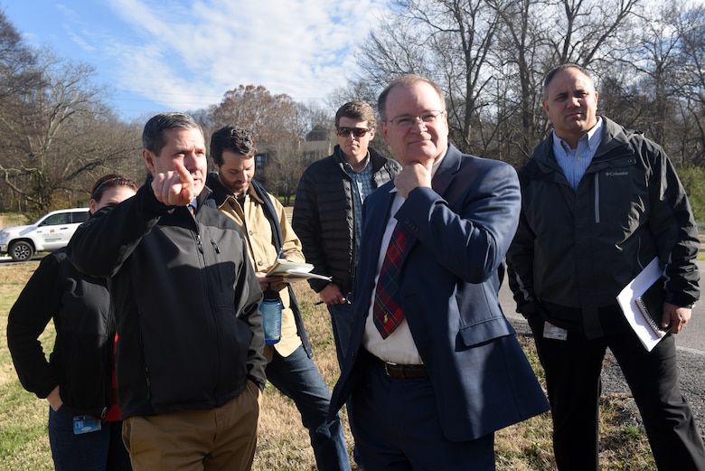 Craig Carrington (Left), U.S. Army Corps of Engineers Nashville District Planning Branch’s chief of Plan Formulation, points out site specifics Dec. 18, 2018 of where Ellington Dry Dam will be located near Ellington Agricultural Center in Nashville, Tenn., while meeting with Stephen G. Durrett (wearing tie), programs director, professional engineer and member of Senior Executive Service with the U.S. Army Corps of Engineers Great Lakes and Ohio River Division. (USACE photo by Lee Roberts)