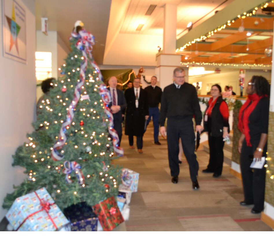 Defense Logistics Agency Troop Support Commander Army Brig. Gen. Mark Simerly thanks employees from the Clothing and Textiles supply chain for their efforts in the 2018 holiday decorating contest in Philadelphia Dec. 20, 2018.