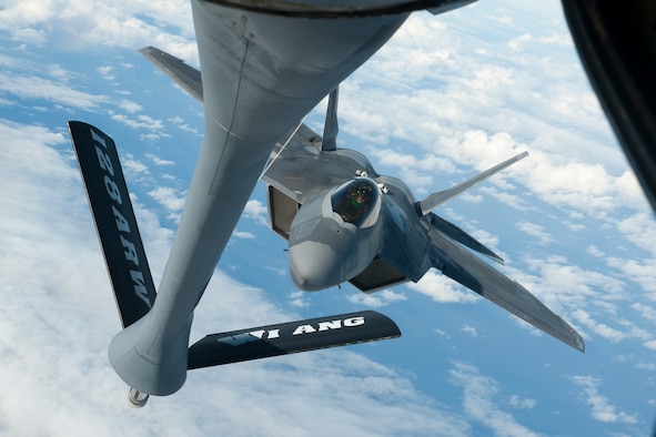 Air National Guard F-22 Raptor approaches for a refueling