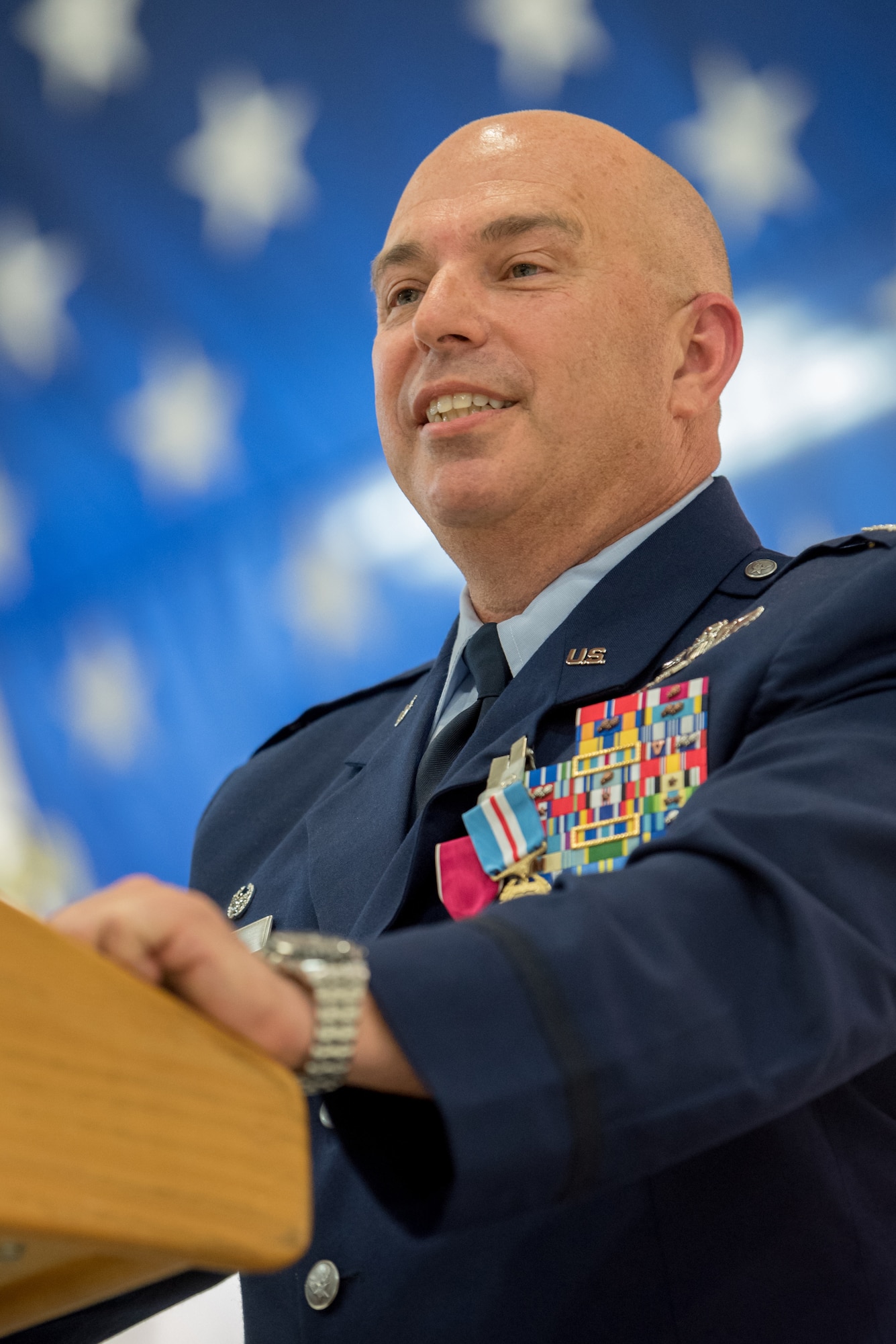 Col. Ken Dale, outgoing commander of the 123rd Maintenance Group, addresses the crowd during his retirement ceremony at the Kentucky Air National Guard Base in Louisville, Ky., on Dec. 1, 2018. Dale is retiring after more than 38 years of service to the Kentucky Air National Guard. (U.S. Air National Guard photo by Staff Sgt. Joshua Horton)