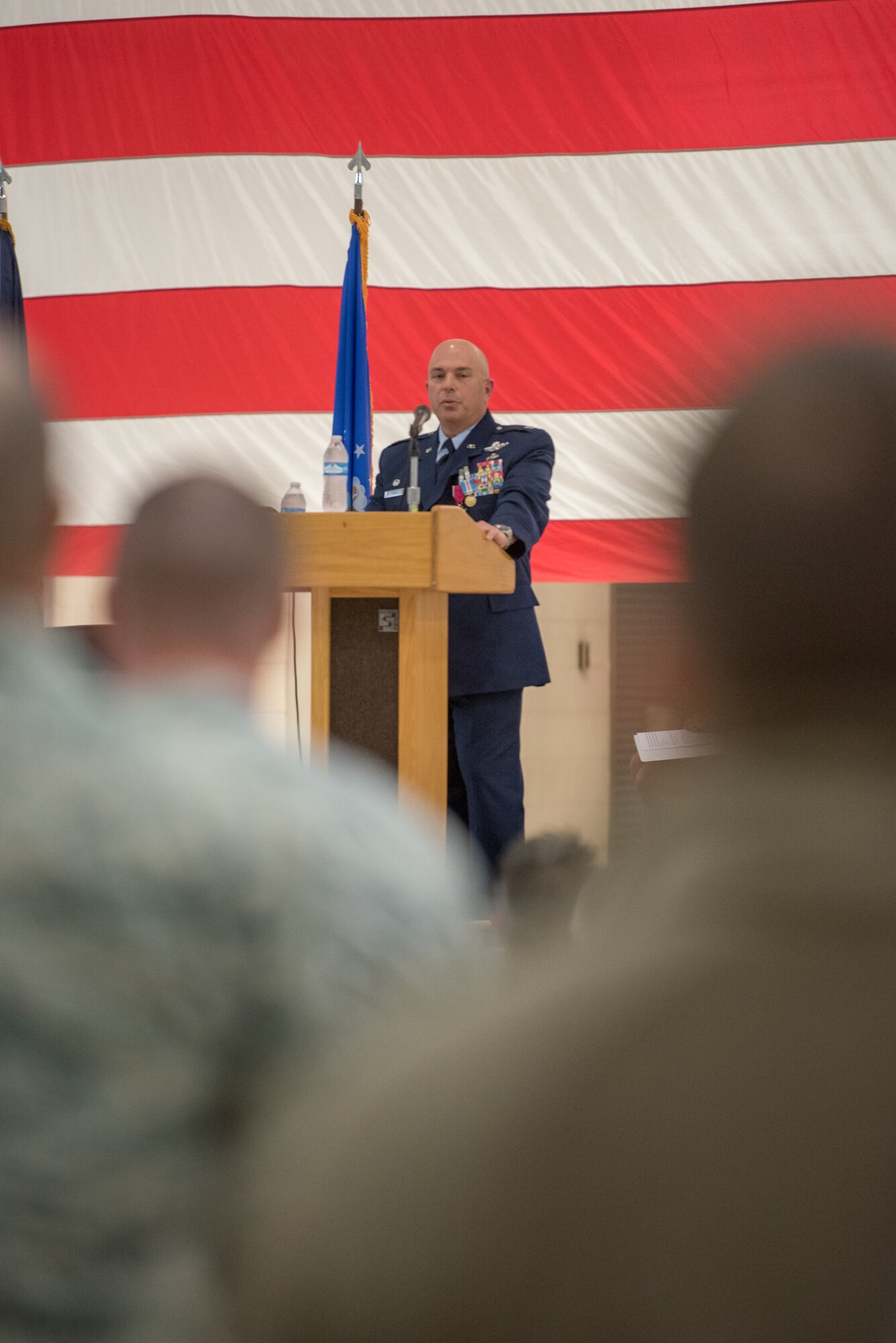 Col. Ken Dale, the outgoing commander of the 123rd Maintenance Group, addresses the crowd during his retirement ceremony at the Kentucky Air National Guard Base, Louisville, Ky., on Dec. 1, 2018. Dale is retiring after more than 38 years of service to the Kentucky Air National Guard. (U.S. Air National Guard photo by Staff Sgt. Joshua Horton)