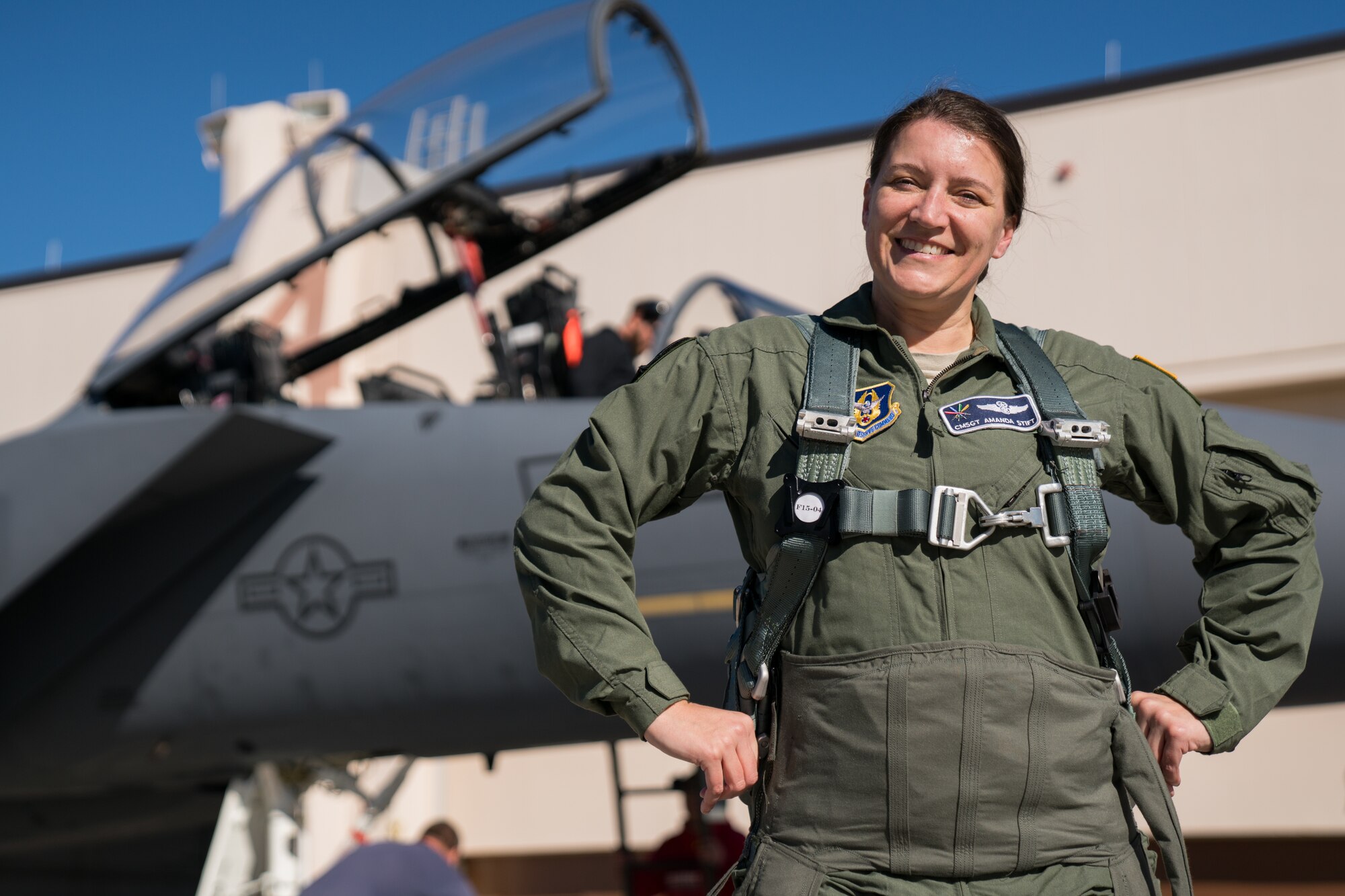 Chief Master Sgt. Amanda Stift F-15 familiarization flight