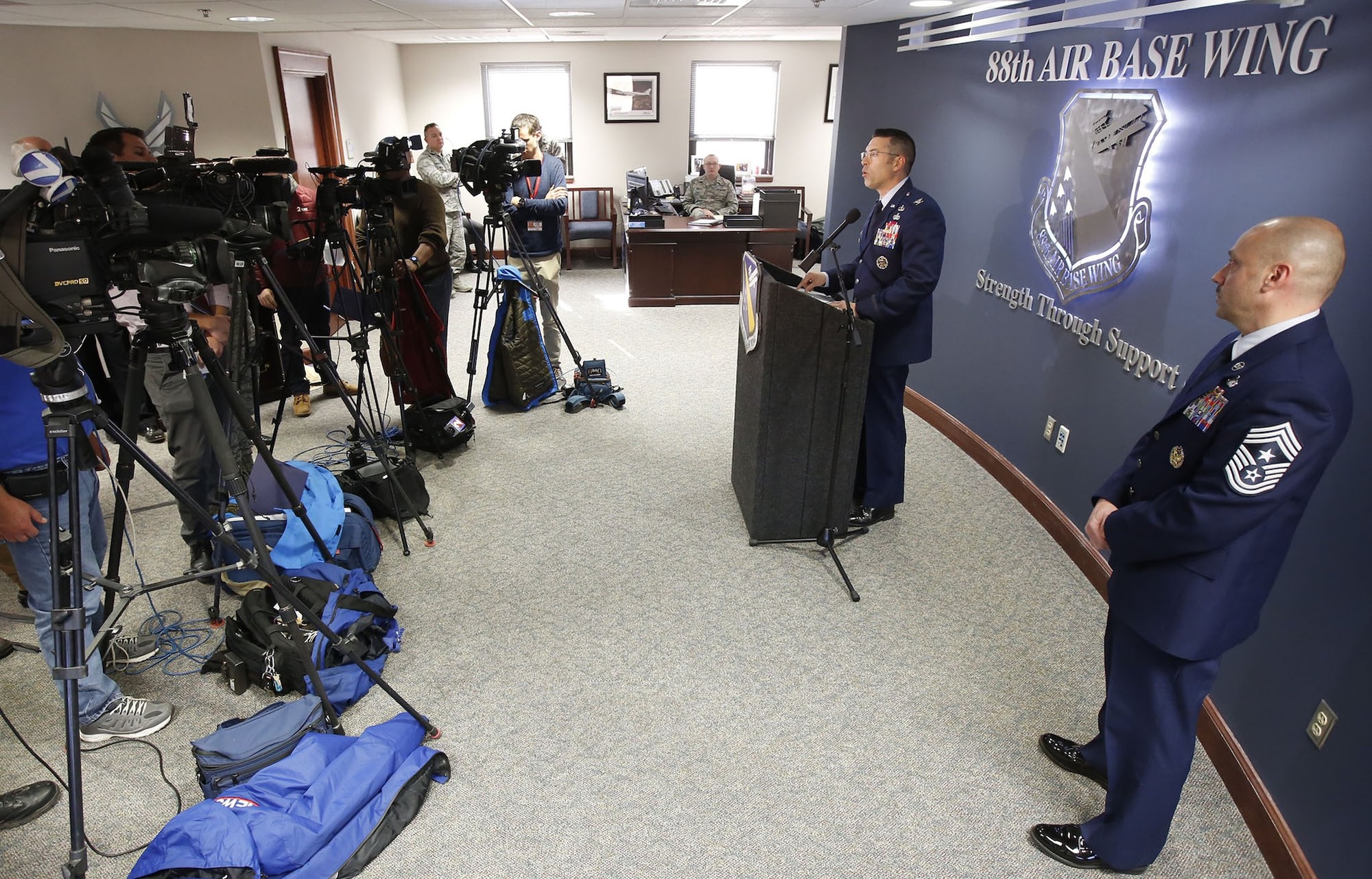 Col. Thomas Sherman, 88th Air Base Wing and installation commander, Wright-Patterson Air Force Base, delivers findings Dec. 19 from a command-directed investigation regarding an installation-wide active shooter exercise conducted Aug. 2. (Ty Greenlees photo/Cox Media Group Ohio)