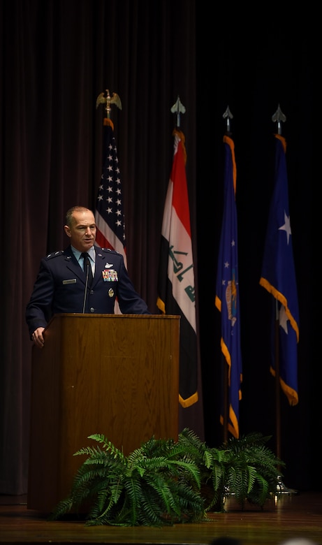 Maj. Gen. Scott Pleus, director of plans, programs, and requirements at Air Combat Command Headquarters at Joint Base Langley-Eustis, Virginia, was the guest speaker for Specialized Undergraduate Pilot Training Class 19-03, Dec. 14, 2018, on Columbus Air Force Base, Mississippi. Pleus graduated from Columbus AFB 28 years ago and was able to tour the facilities again during his visit as a graduation speaker. (U.S. Air Force photo by Airman 1st Class Keith Holcomb)