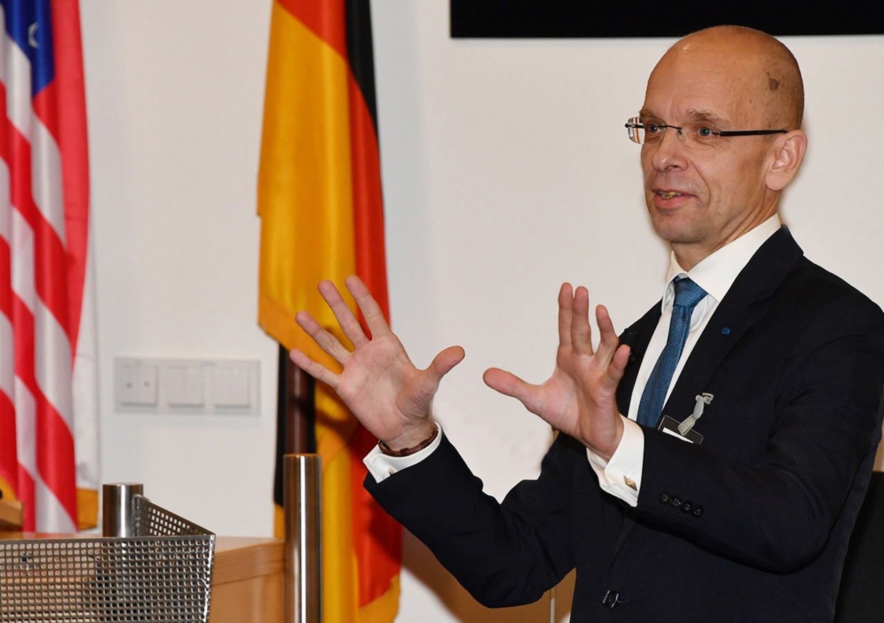 Mika Kerttunen, director of studies at the Cyber Policy Institute in Estonia, talks to a group of governmental experts on developments in the field of information and telecommunications in the context of international security during the Program on Cyber Security Studies at the George C. Marshall European Center for Security Studies in Garmisch-Partenkirchen, Germany.