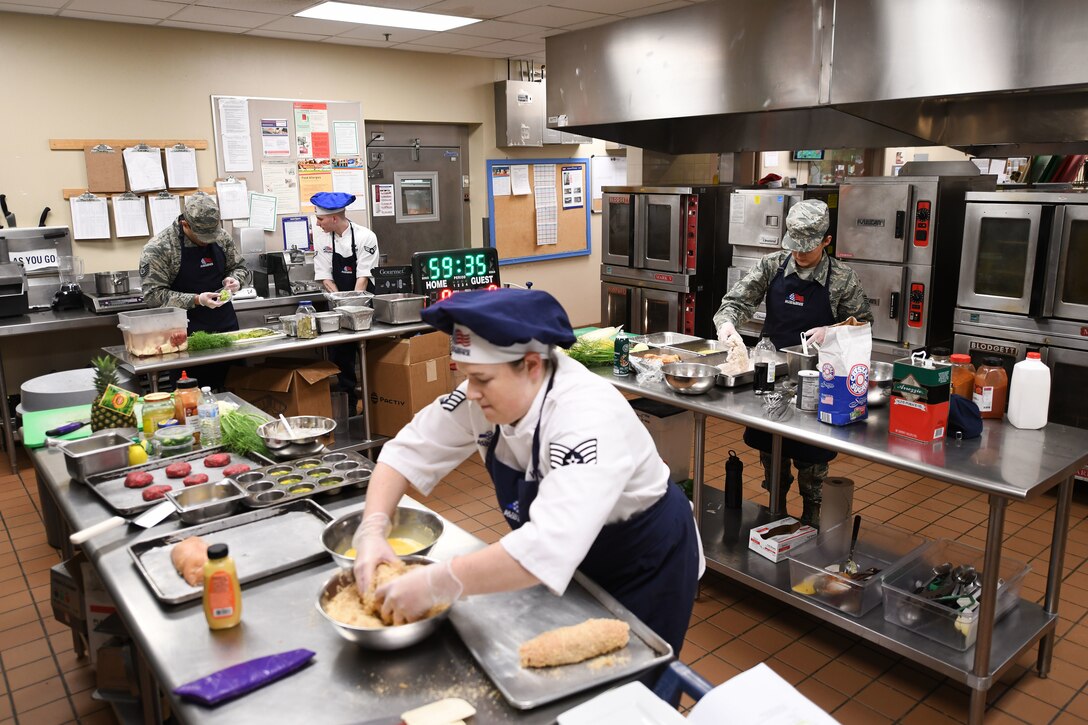 The 28th Force Support Squadron hosts a Chef of the Quarter cook-off at the Raider Café on Ellsworth Air Force Base, S.D., Dec. 18, 2019. The competition began promptly at 1:28 p.m. in recognition of the 28th Bomb Wing. Contestants had one hour to prepare their food, have it plated and present it to the judges. (U.S. Air Force photo by Airman 1st Class Christina Bennett)