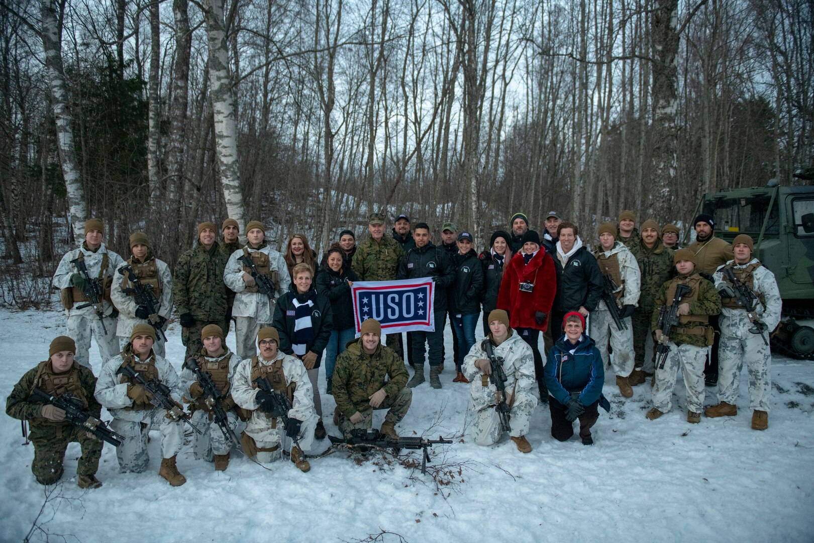 Marine Corps Gen. Joe Dunford, chairman of the Joint Chiefs of Staff, meets with deployed service members in Vaernes, Norway Dec. 21, 2018. Dunford, along with USO entertainers, visited service members who are away from home during the holidays at various locations. This year’s entertainers include "This is Us" star Milo Ventimiglia, NCIS star Wilmer Valderrama, DJ J Dayz, Three-time CrossFit Champion Matt Fraser, Olympian Shaun White, singer and television host Kellie Pickler, and comedian Jessiemae Peluso.