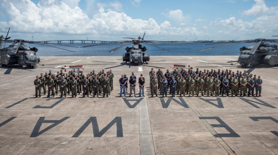 The AN/AQS-24C Mine Detecting Set test team, along with Helicopter Mine Countermeasures Squadron-15 (HM-15), posed for a team photo at the conclusion of a successful test event in Panama City, Florida June, 24, 2018. Personnel pictured by groups from left to right are: HM-15 Pilots and Aircrew, Naval Surface Warfare Center Panama City Division Test Team, and HM-15 Maintainers. U.S. Navy photo by Anthony Powers.