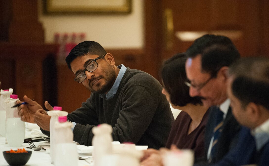 Pushan Das, Obverser’s Research Foundation program coordinator, facilitates a round table in which U.S. Air Force Gen. CQ Brown, Jr., Pacific Air Forces commander, participated in during his visit to New Delhi, India, Dec. 17, 2018.