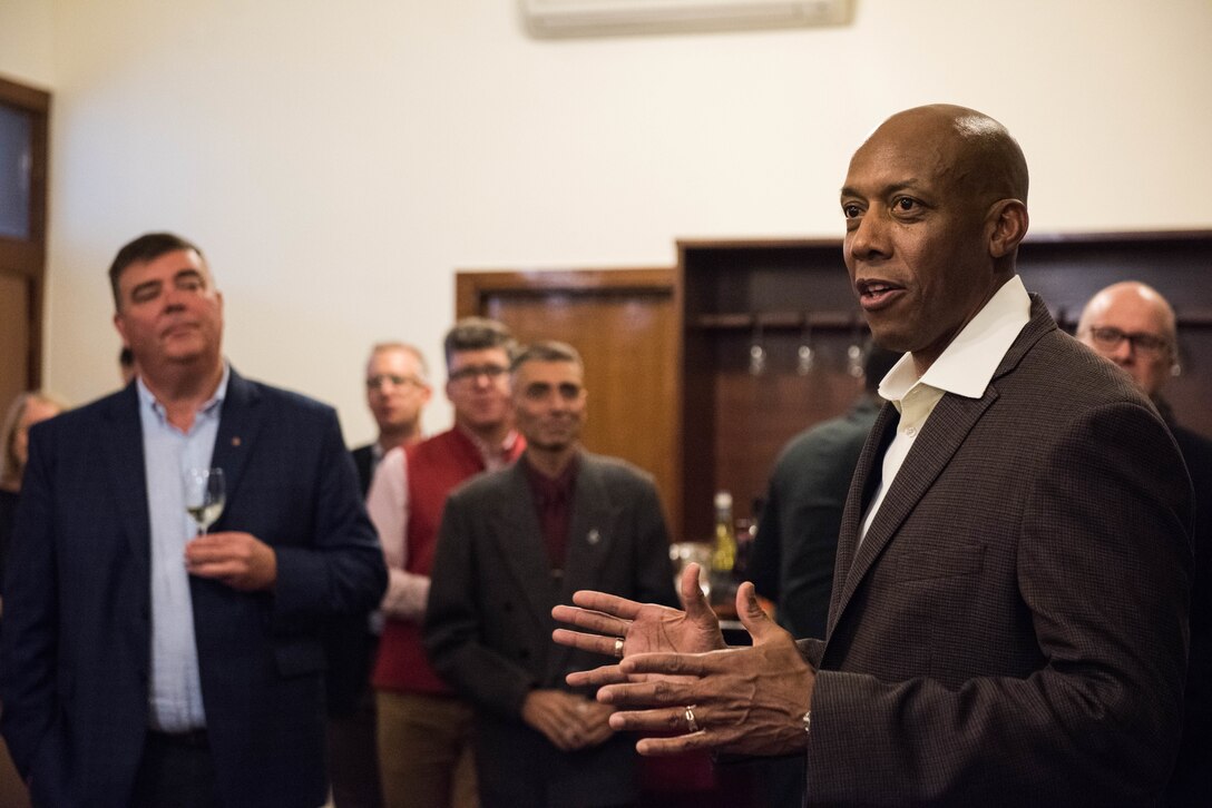 U.S. Air Force Gen. CQ Brown, Jr., Pacific Air Forces commander, speaks at a defense attaché dinner during a visit to New Delhi, India, Dec. 15, 2018.