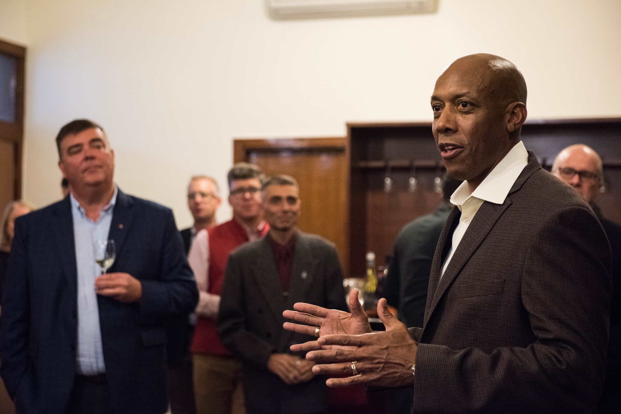 U.S. Air Force Gen. CQ Brown, Jr., Pacific Air Forces commander, speaks at a defense attaché dinner during a visit to New Delhi, India, Dec. 15, 2018.