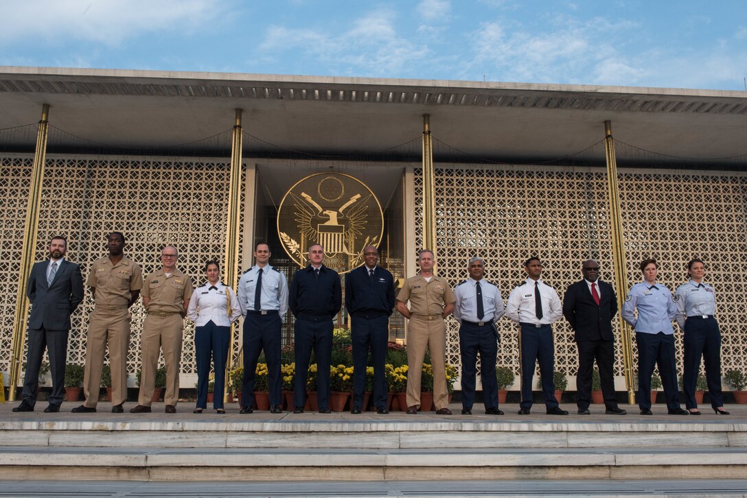 U.S. Air Force Gen. CQ Brown, Jr., Pacific Air Forces commander, takes a group photo with members of the U.S. Embassy in New Delhi, India, Dec. 17, 2018.