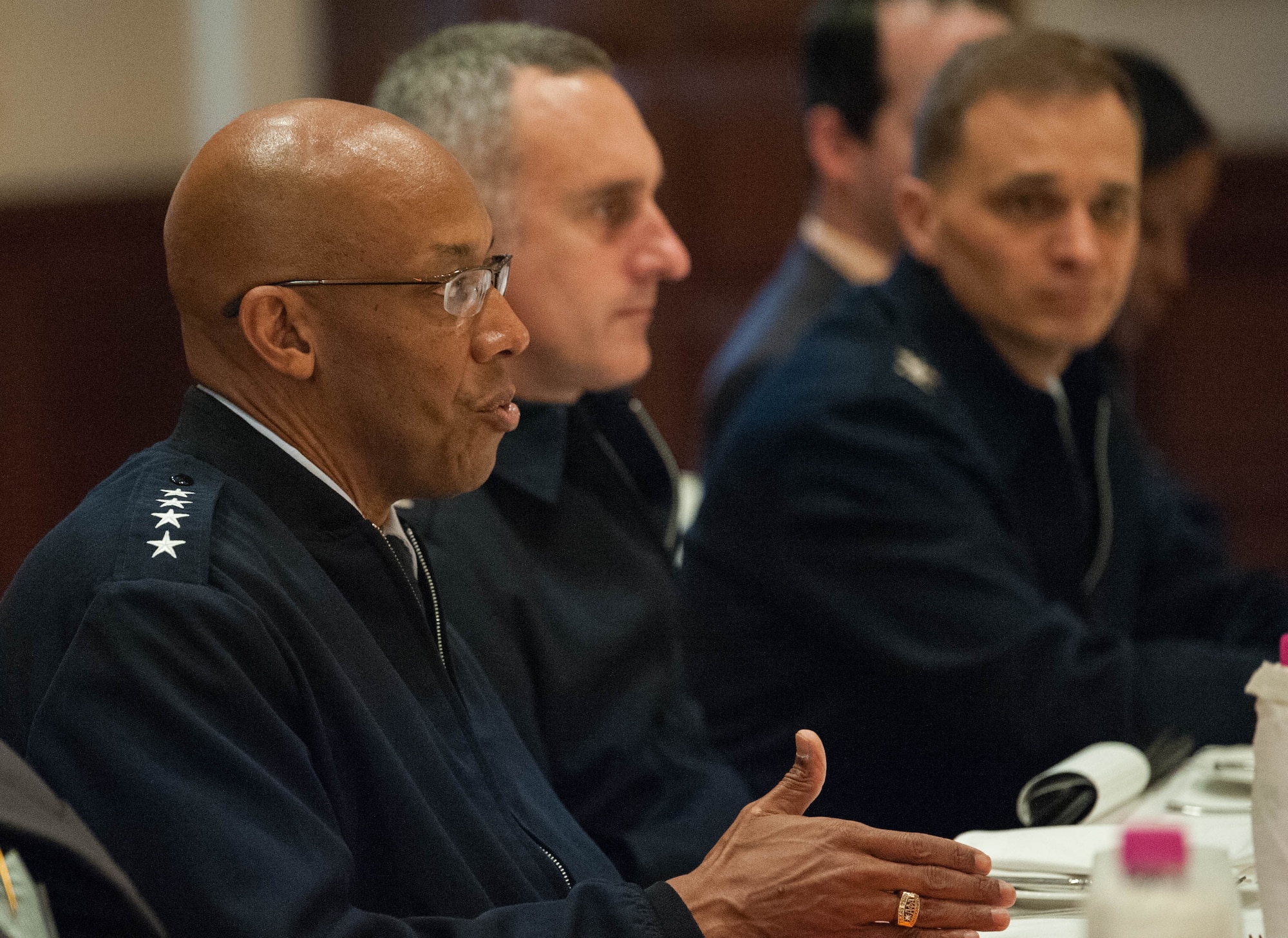 U.S. Air Force Gen. CQ Brown, Jr., Pacific Air Forces commander, participates in a discussion with security analysts, scholars and media during his visit to New Delhi, India, Dec. 17, 2018.