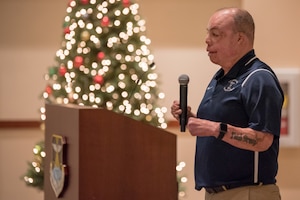 Senior  Master Sgt. Israel Del Toro encouraged young NCOs to "be open-minded" as he offered the future leaders advice during his speaking engagement at  Buckley AFB, Colo., Dec. 20 2018. Del Toro shared how individuals become great leaders by incorporating all of the little "bits and pieces" they collect over the years from their leadership and mentors. (U.S. Air Force photo by Master Sgt. Eric Amidon)