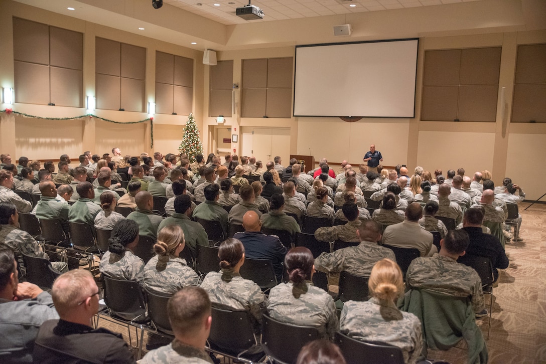 Senior  Master Sgt. Israel Del Toro shares his motivational message covering survival and resiliency with members of the base community at  Buckley AFB, Colo., Dec. 20 2018. Del Toro survived his ordeal with third degree burns to more than 80 percent of his body and severe damage to both of his hands. (U.S. Air Force photo by Master Sgt. Eric Amidon)