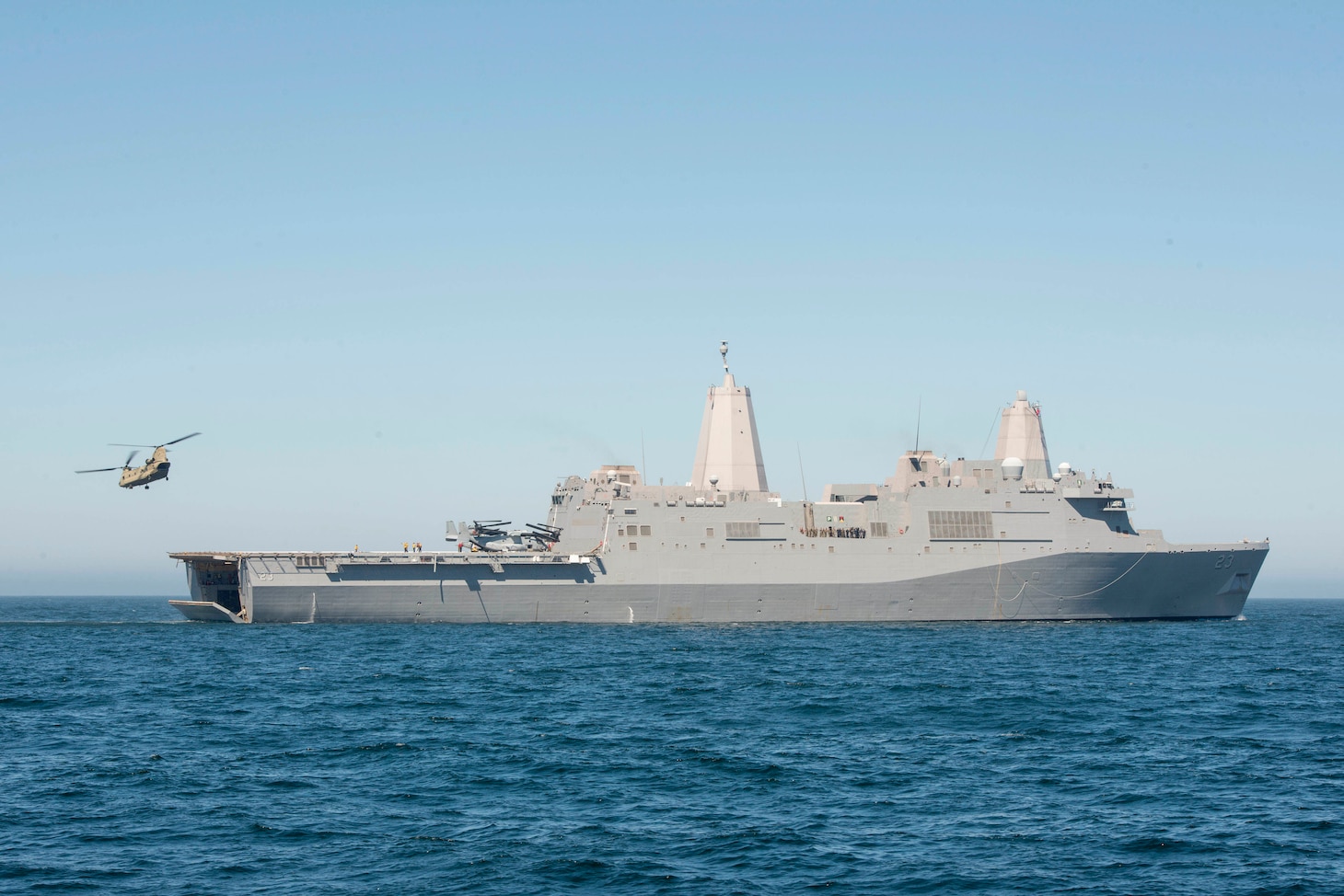 PACIFIC OCEAN (August 1, 2017) An Army CH-47D Chinook helicopter lands on the flight deck of San Antonio-class amphibious transport dock ship USS Anchorage (LPD 23), as part of a Defense Support to Civil Authorities (DSCA) event. DSCA events are designed to provide DoD assets to civil authorities in response to requests for assistance for domestic emergencies, law enforcement support, and other domestic activities, or from qualifying entities for special events. Anchorage was involved in DSCA events in Newport, Ore., and Grays Harbor, Wash.