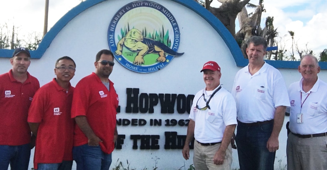 New York District personnel on the island of Taipan in the Northern Mariana Islands where they're building temporary classrooms for students whose schools were severely damaged by Super Typhoon Yutu.