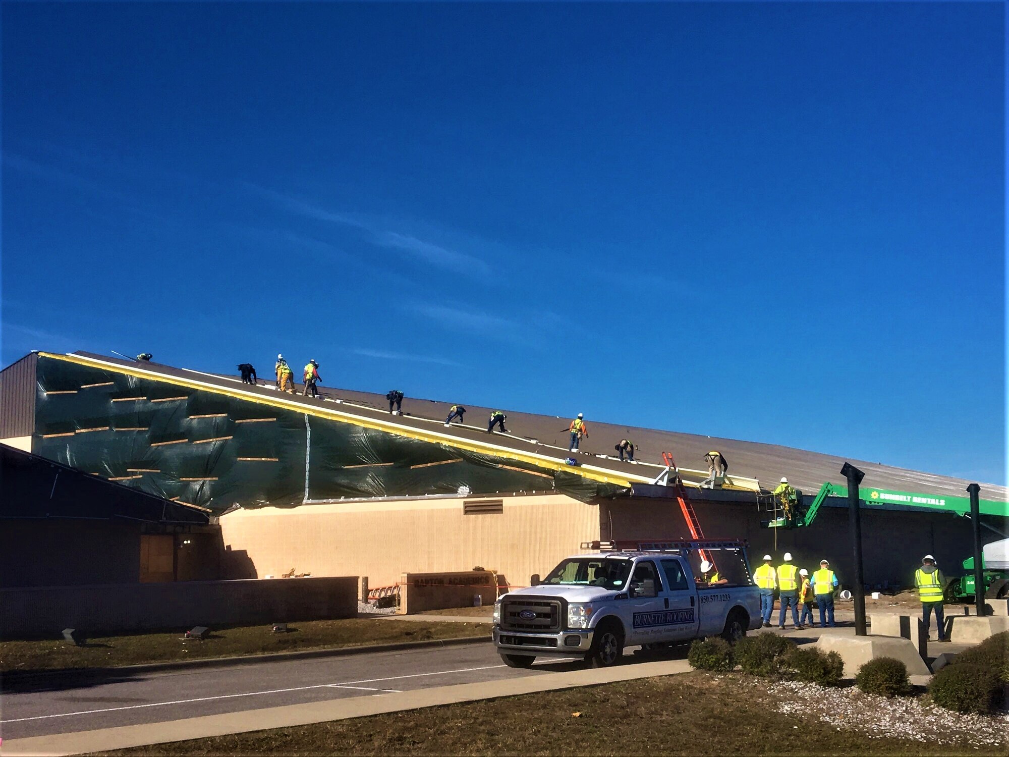 The 325th Fighter Wing F-22 Flight Simulator Building roof at Tyndall AFB, Florida is nearing completion.