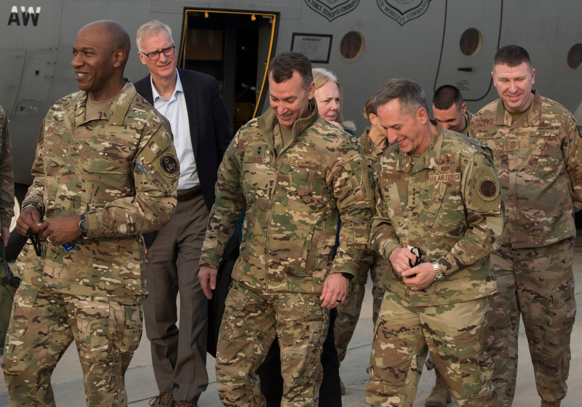 Maj. Gen. Chad Franks, the Deputy Commander, Operations and Intelligence, Combined Joint Task Force-Operation Inherent Resolve, speaks with Air Force Chief of Staff Gen. David L. Goldfein and Chief Master Sgt. of the Air Force Kaleth O. Wright during a recent visit to an undisclosed location in Southwest Asia, Dec. 20, 2018. Airmen were given the opportunity to discuss changes occurring in the Air Force with leadership during the visit. (U.S. Air Force photo by Staff Sgt. Jeremy L. Mosier)