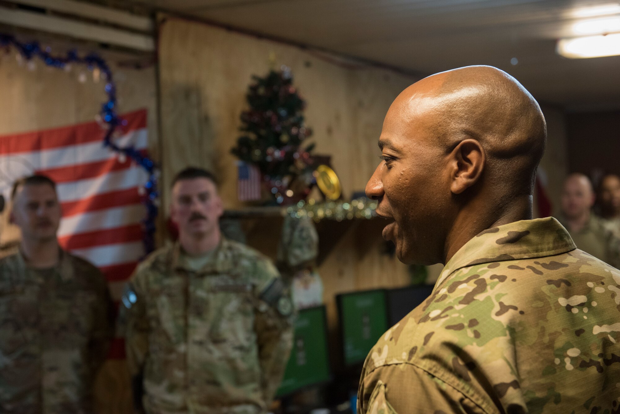 Chief Master Sgt. of the Air Force Kaleth O. Wright answers questions from Airmen during a recent visit to an undisclosed location in Southwest Asia. Wright responded to a variety of questions to include changes in the special duty program for Air Force members. (U.S. Air Force photo by Staff Sgt. Jeremy L. Mosier)